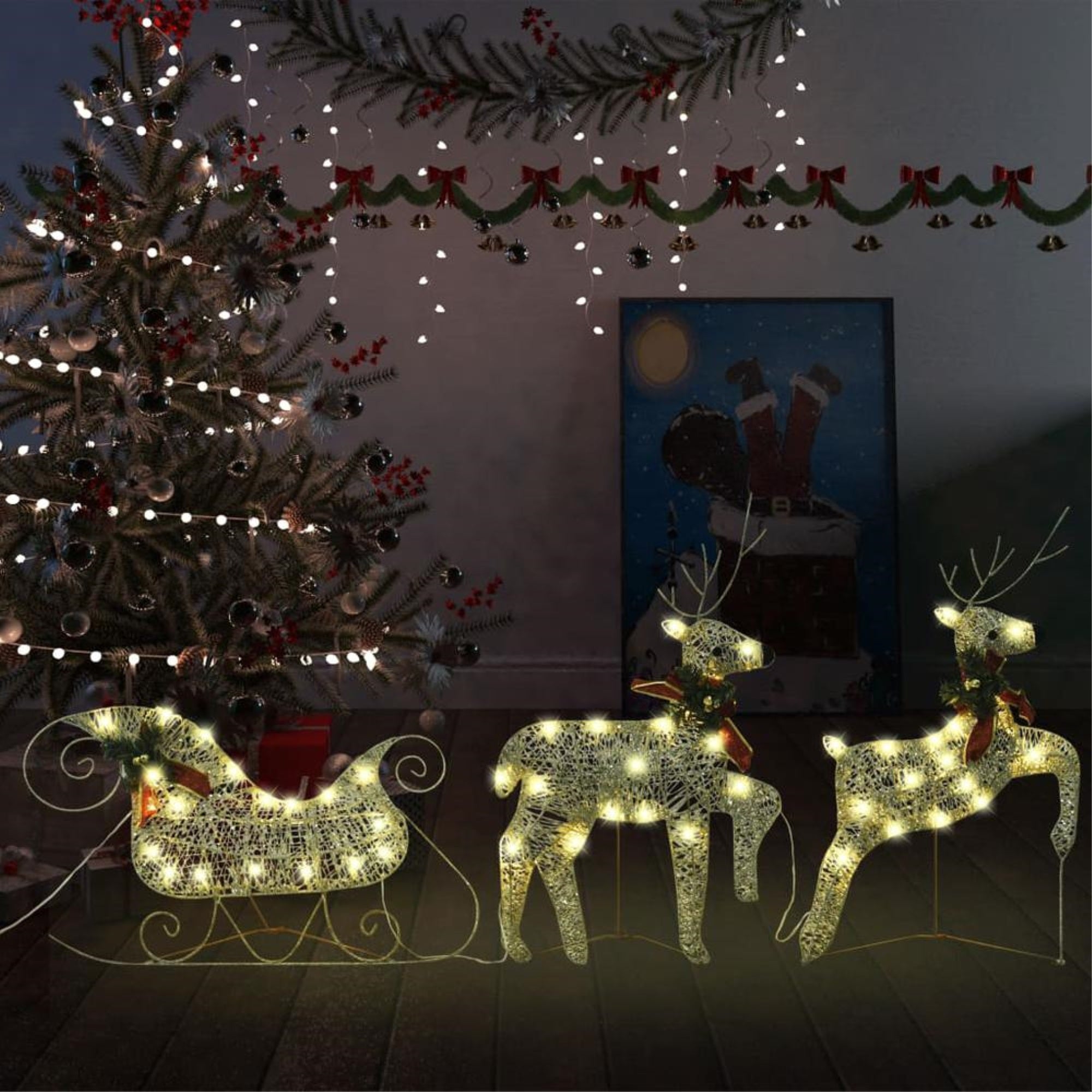 vidaXL Reindeer & Sleigh Christmas Decoration 60 LEDs Outdoor Gold