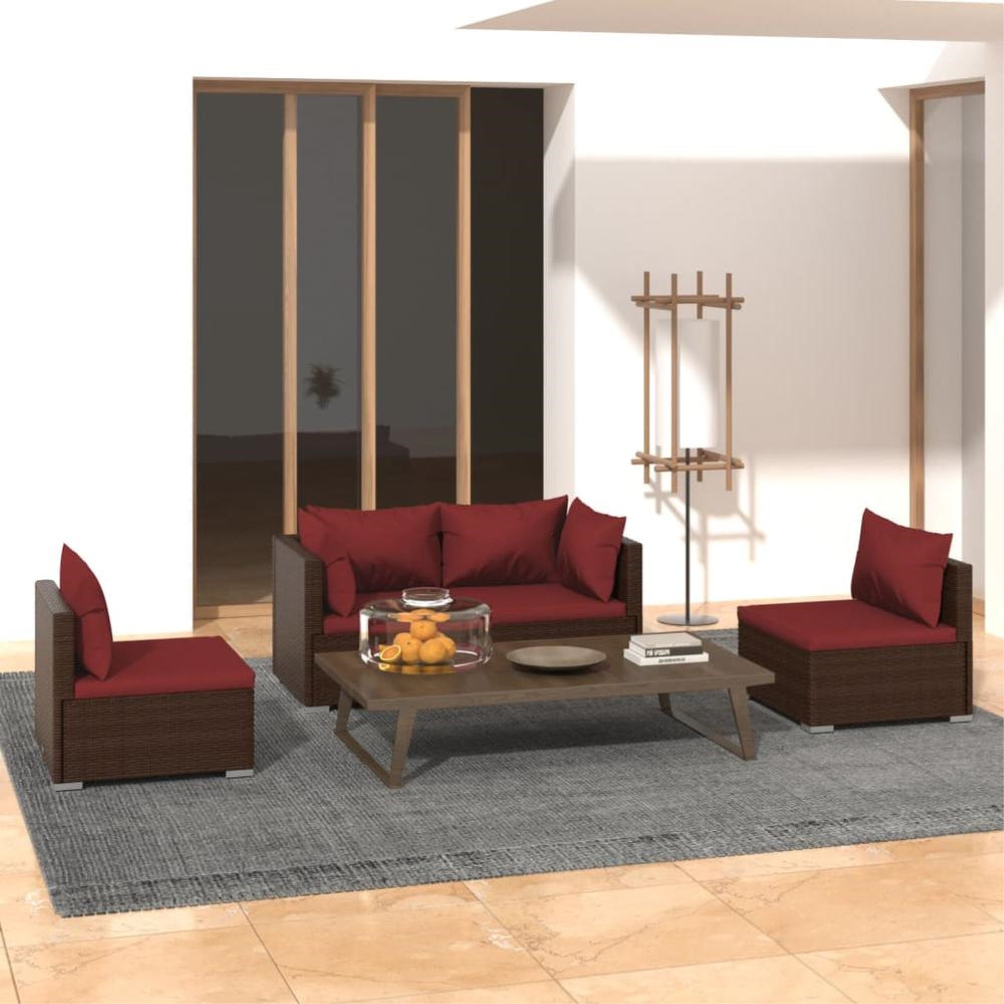 vidaXL 4 Piece Patio Lounge Set with Cushions Poly Rattan Brown, 3102171