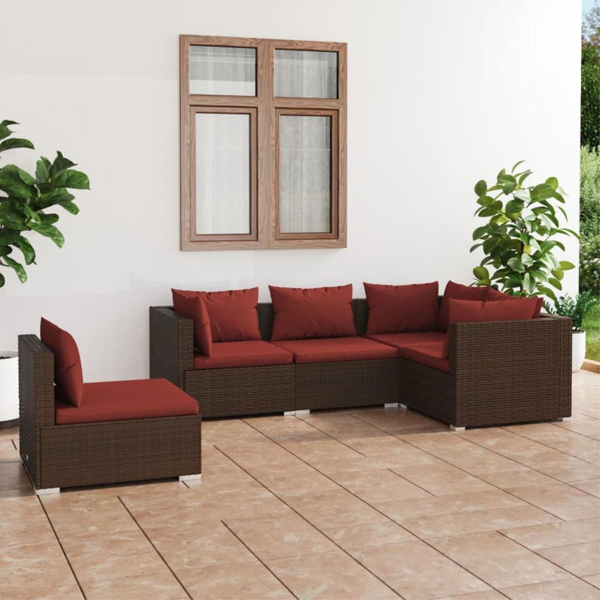 vidaXL 5 Piece Patio Lounge Set with Cushions Poly Rattan Brown, 3102315