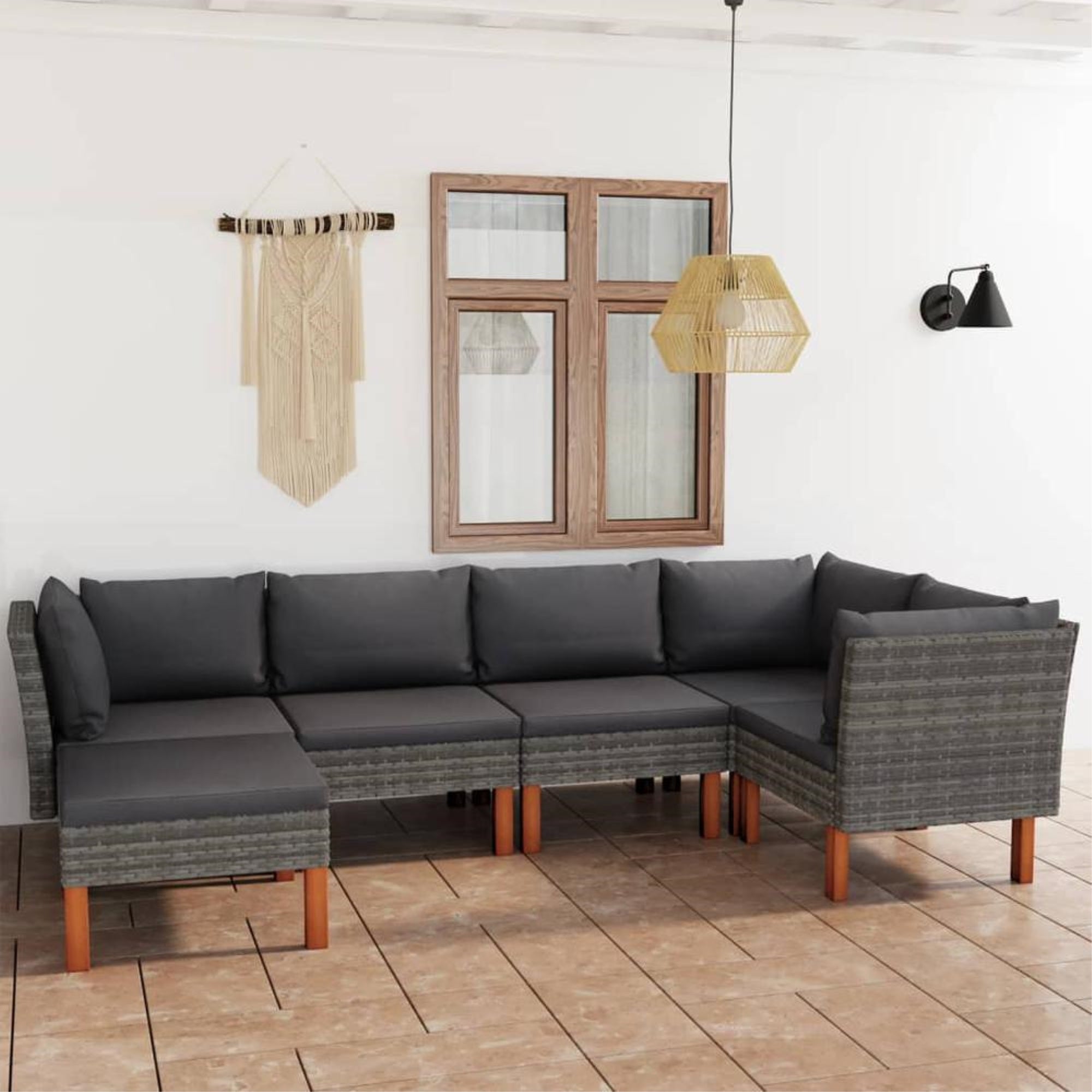 vidaXL 6 Piece Patio Lounge Set with Cushions Poly Rattan Gray, 3059712