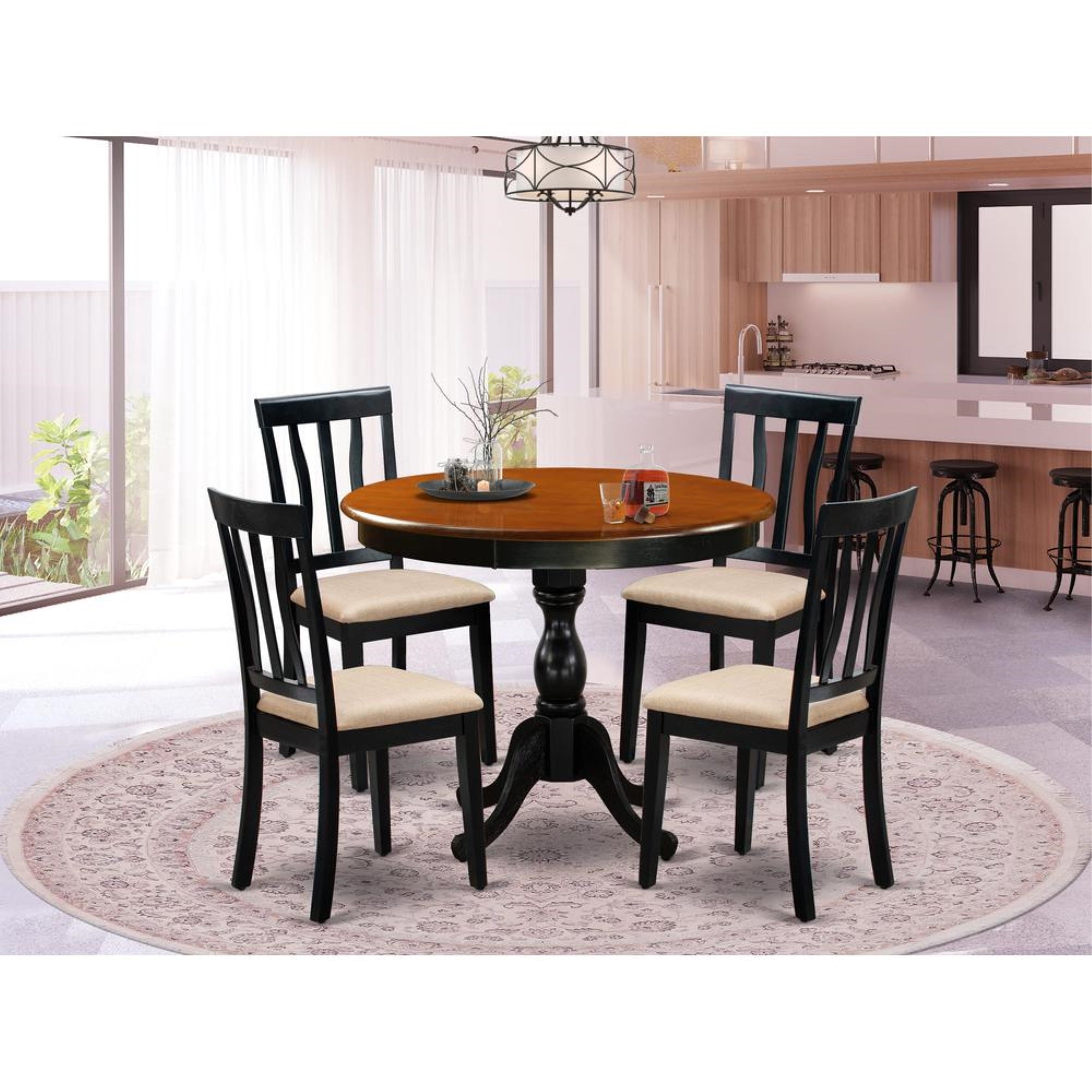 East West Furniture 5-Pc Modern Dining Table Set Consists of a Kitchen Dining Table and 4 Linen Fabric Dining Room Chairs with Slatted Back - Black Finish