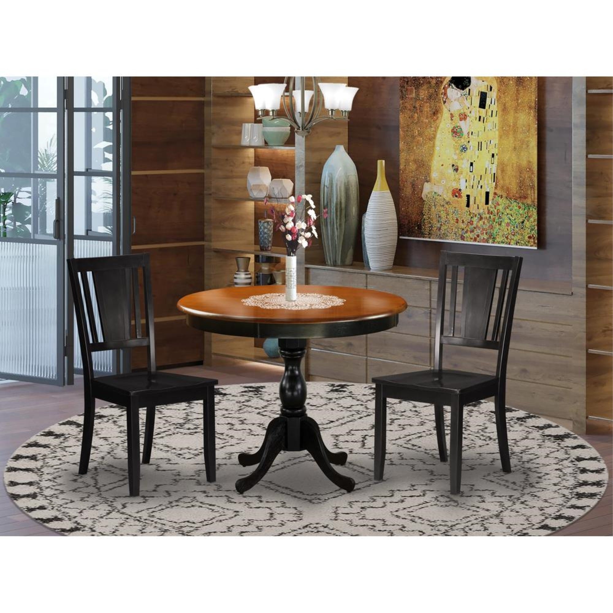 East West Furniture 3-Piece Modern Dining Set Consists of a Dinette Table and 2 Dinning Chairs with Panel Back - Black Finish