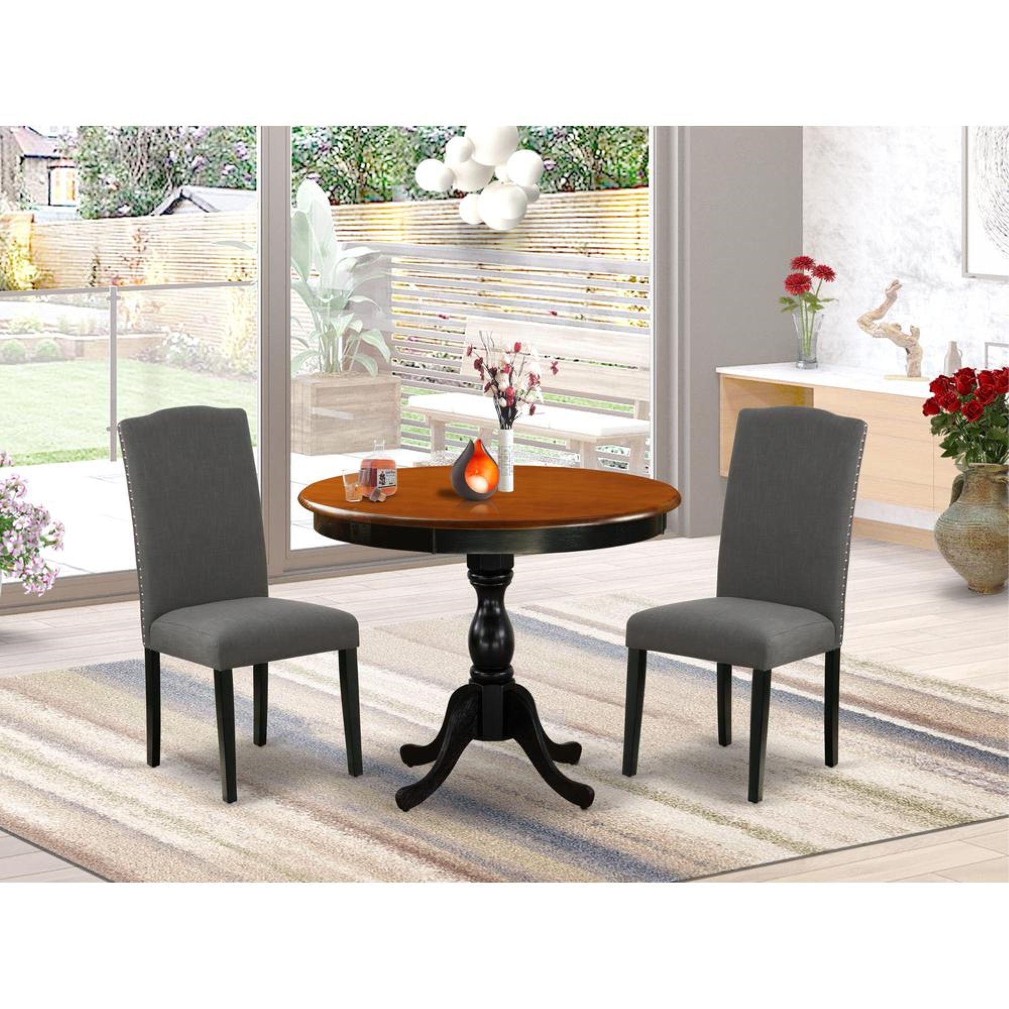 East West Furniture 3-Pc Wooden Dining Set Includes a Wood Table and 2 Dark Gotham Grey Linen Fabric Kitchen Chairs with High Back - Black Finish