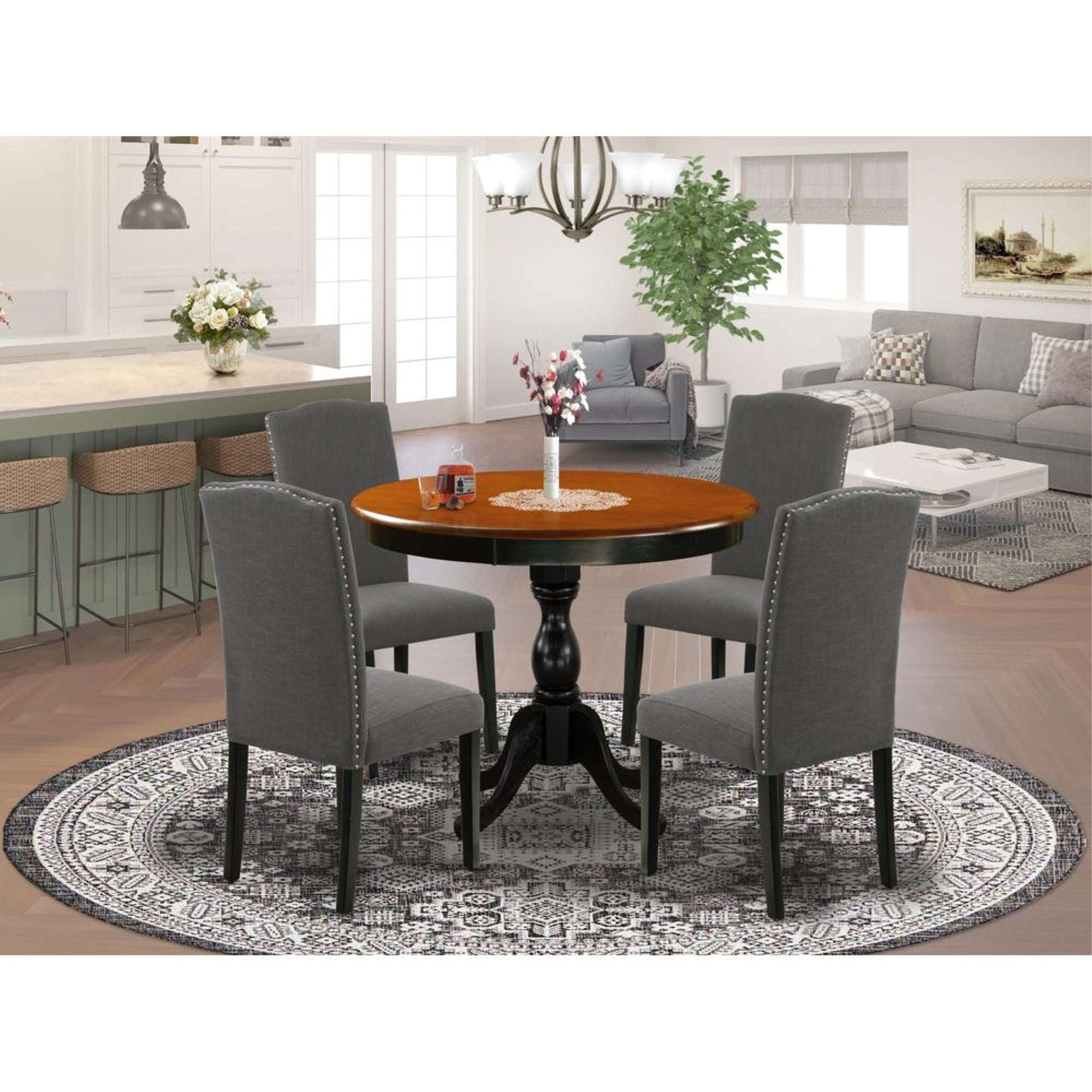 East West Furniture 5-Pc Round Kitchen Table Set Contains a Wood Kitchen Table and 4 Dark Gotham Grey Linen Fabric Kitchen Chairs with High Back - Black Finish
