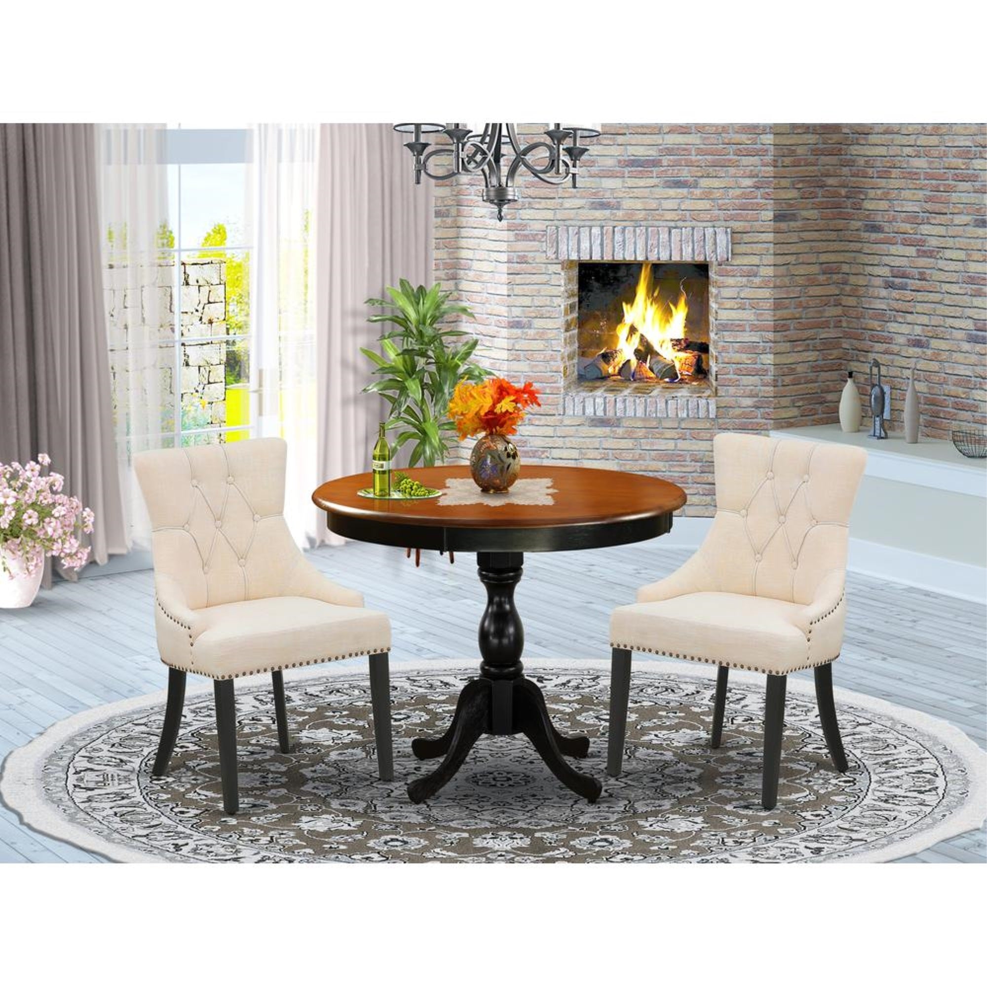 East West Furniture 3-Pc Dining Table Set Consists of a Kitchen Table and 2 Light Beige Linen Fabric Upholstered Chairs with Button Tufted Back - Black Finish