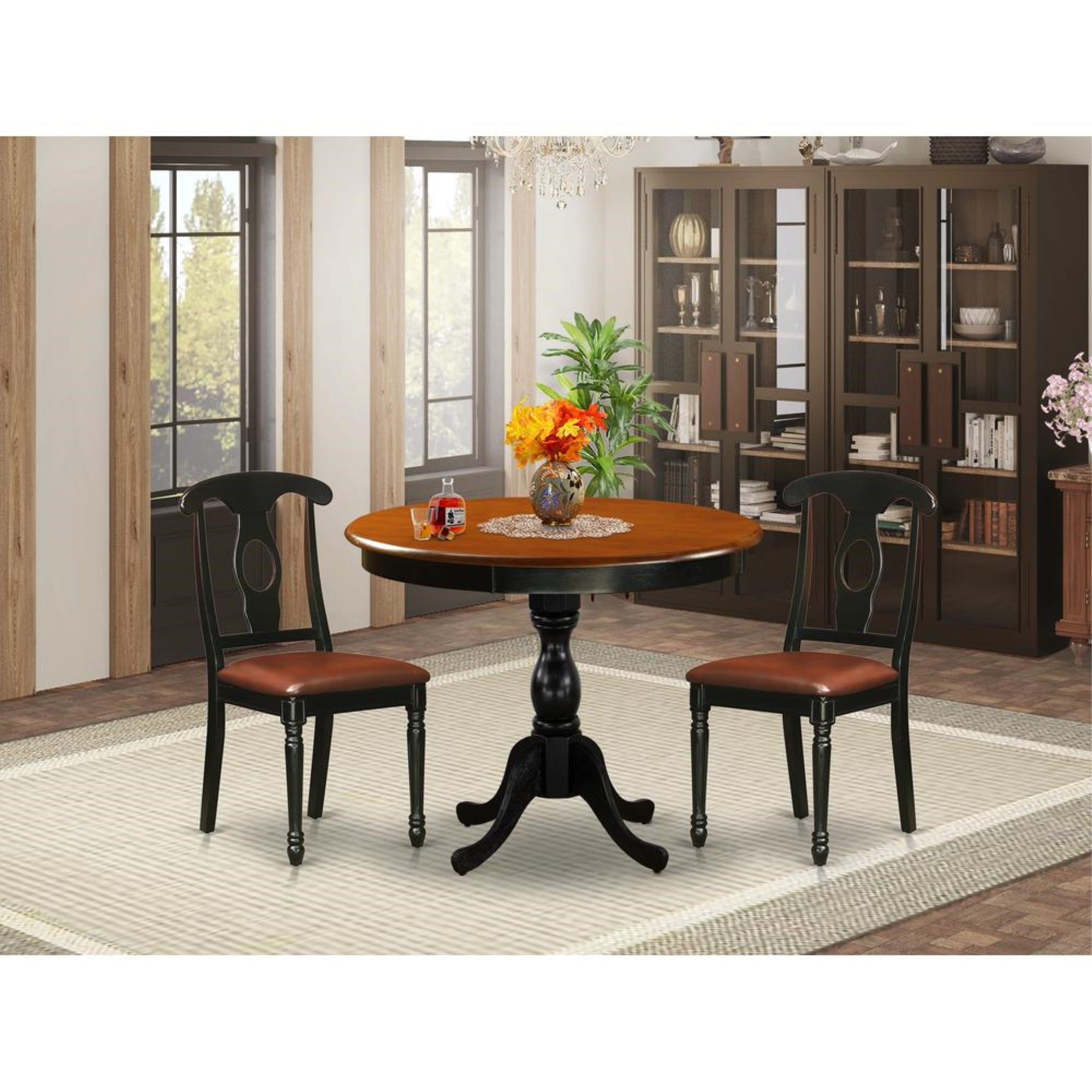 East West Furniture 3-Piece Table Set Contains a Dinner Table and 2 Faux Leather Mid Century Chairs with Napoleon Back - Black Finish