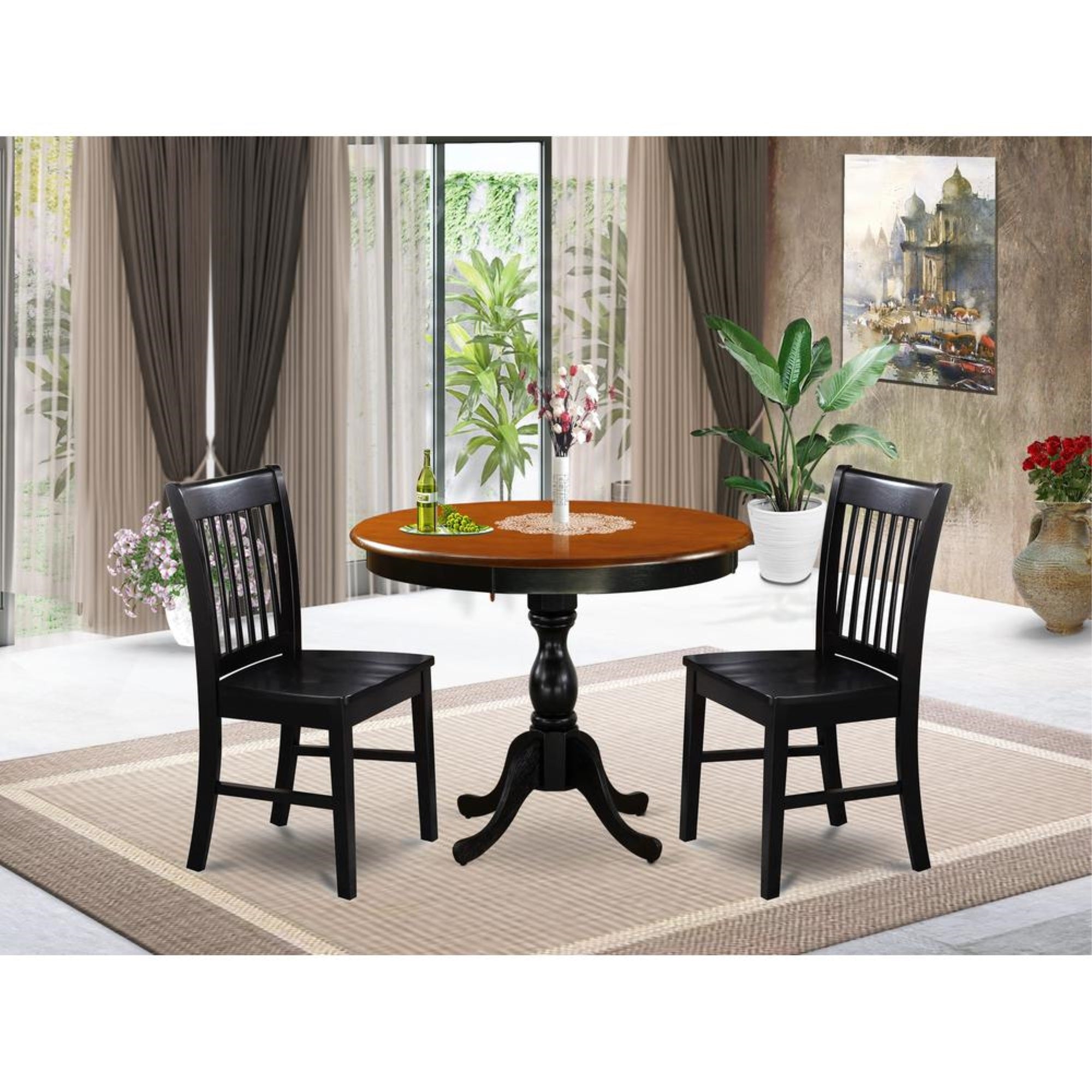 East West Furniture 3-Pc Round Table Set Contains a Modern Kitchen Table and 2 Wooden Dining Chairs with Slatted Back - Black Finish
