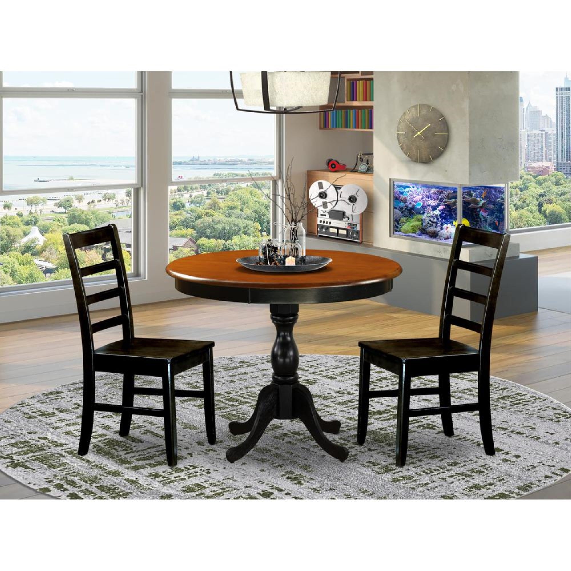 East West Furniture 3-Piece Mid Century Modern Dining Set Include a Wooden Table and 2 Modern Dining Chairs with Ladder Back - Black Finish