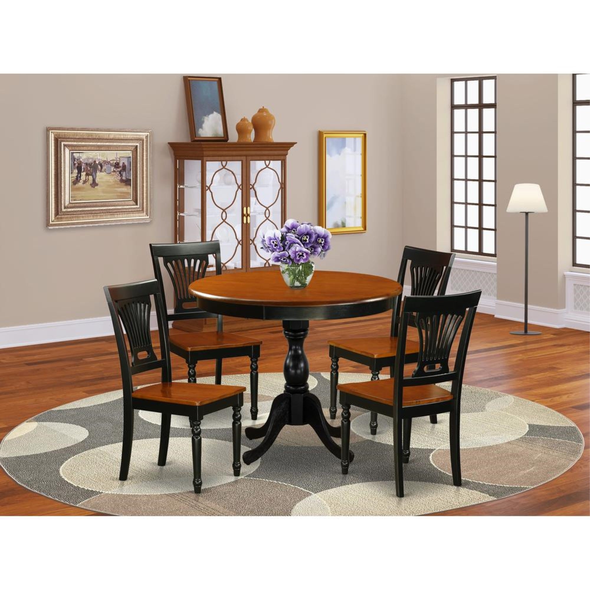 East West Furniture 5-Piece Dinette Set Consist of Wood Dining Table and 4 Dining Room Chairs with Slatted Back - Black Finish
