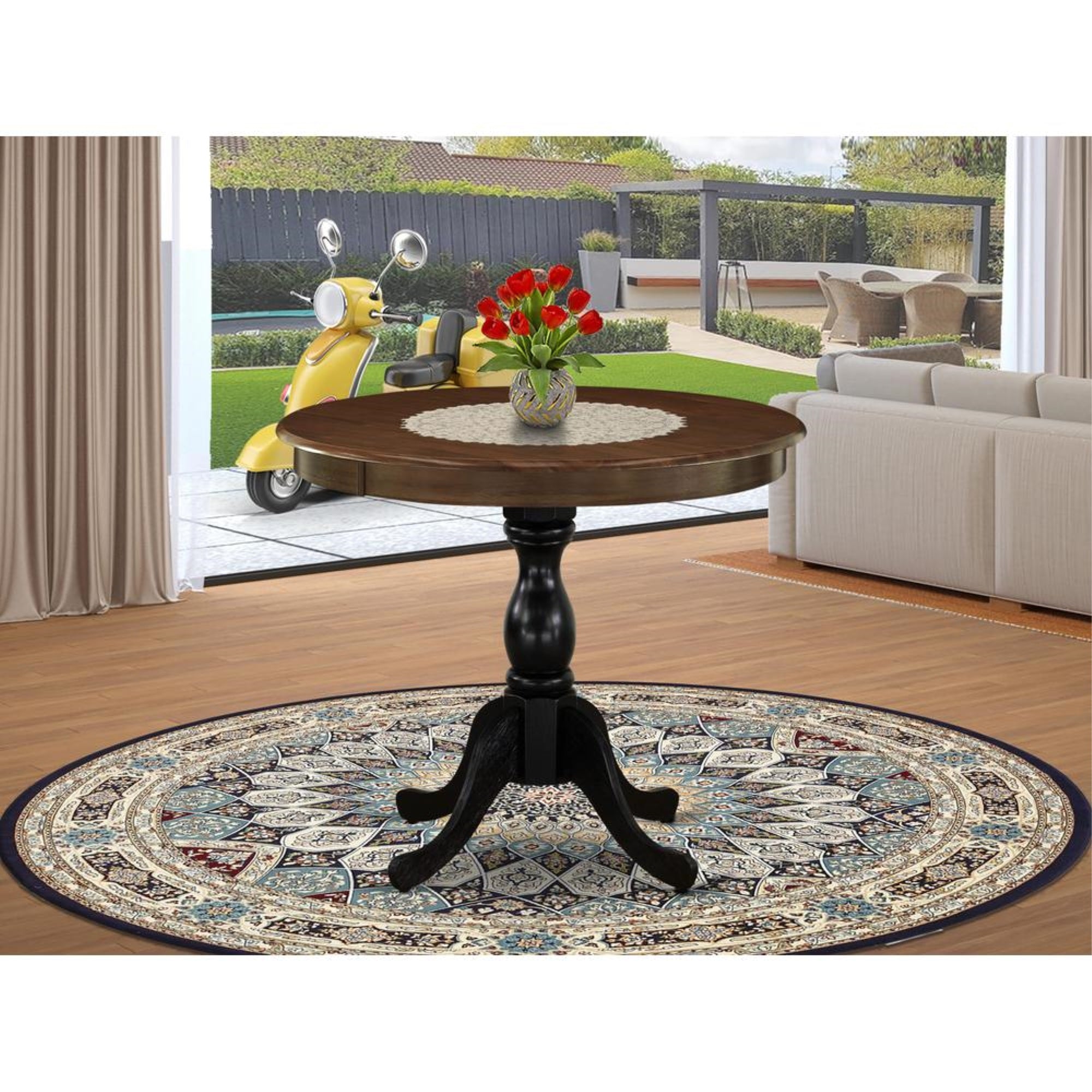 East West Furniture Antique 36″ Round Dining Table for Small Space - Walnut Top & Black Pedestal