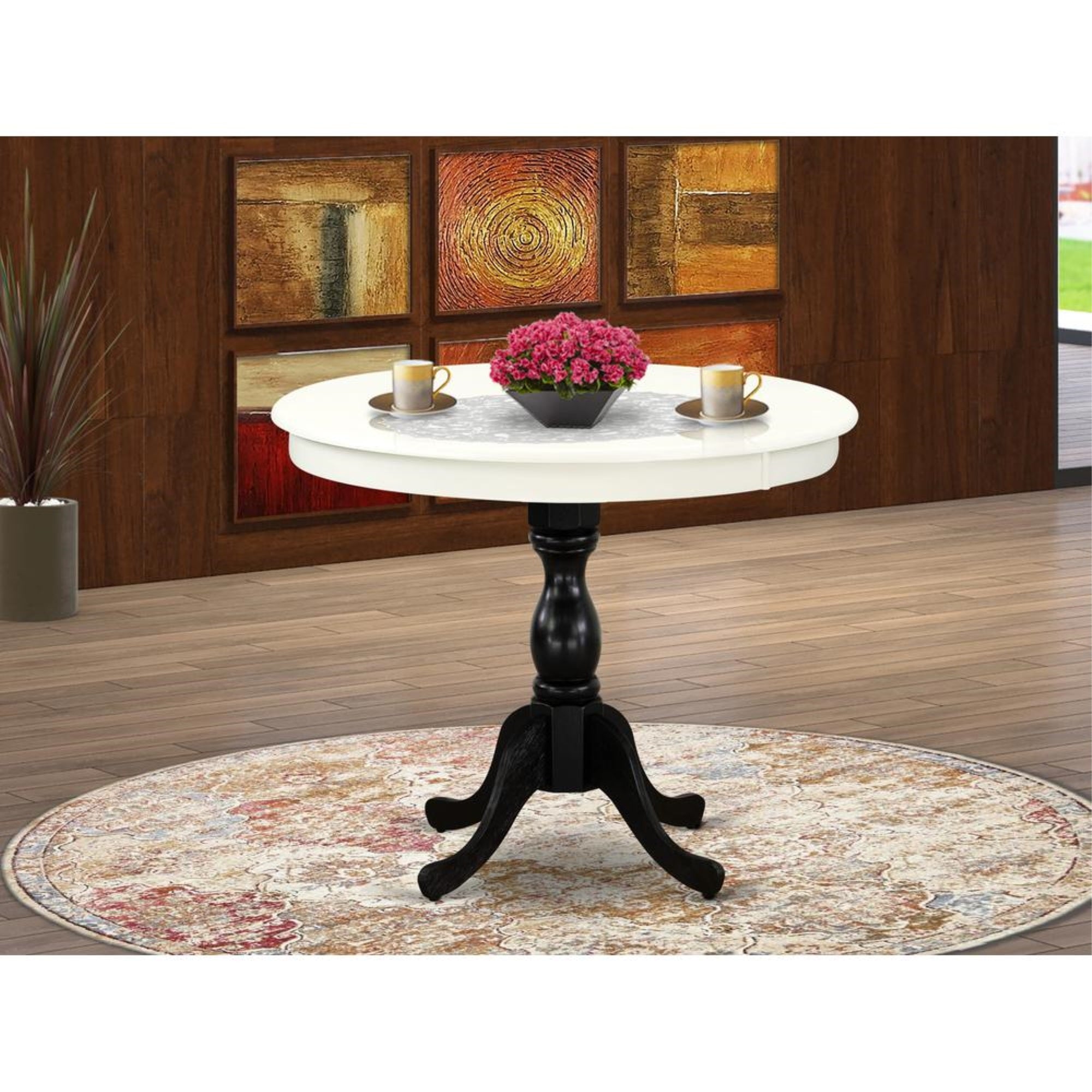 East West Furniture Antique 36 Round Kitchen Table for Small Space - Linen White Top & Black Pedestal