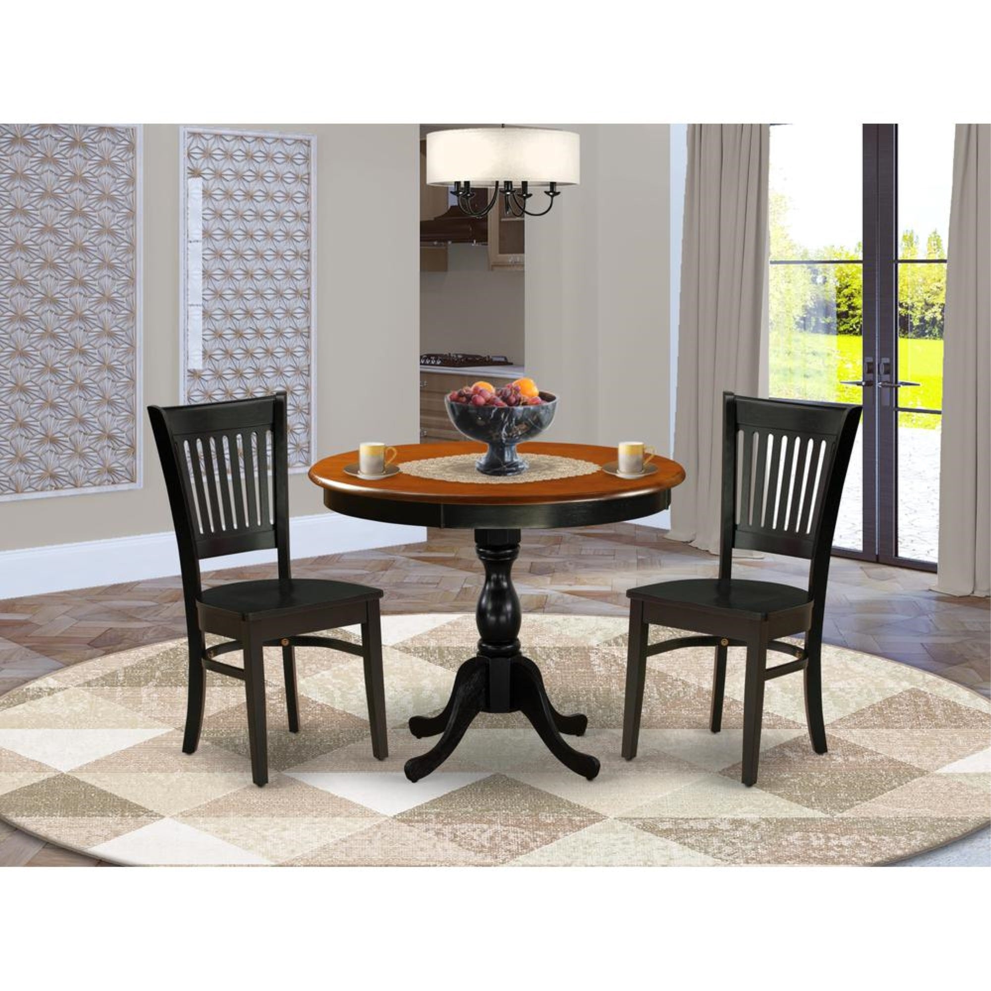 East West Furniture 3-Piece Mid Century Dining Set Include a Modern Dining Table and 2 Dining Chairs with Slatted Back - Black Finish