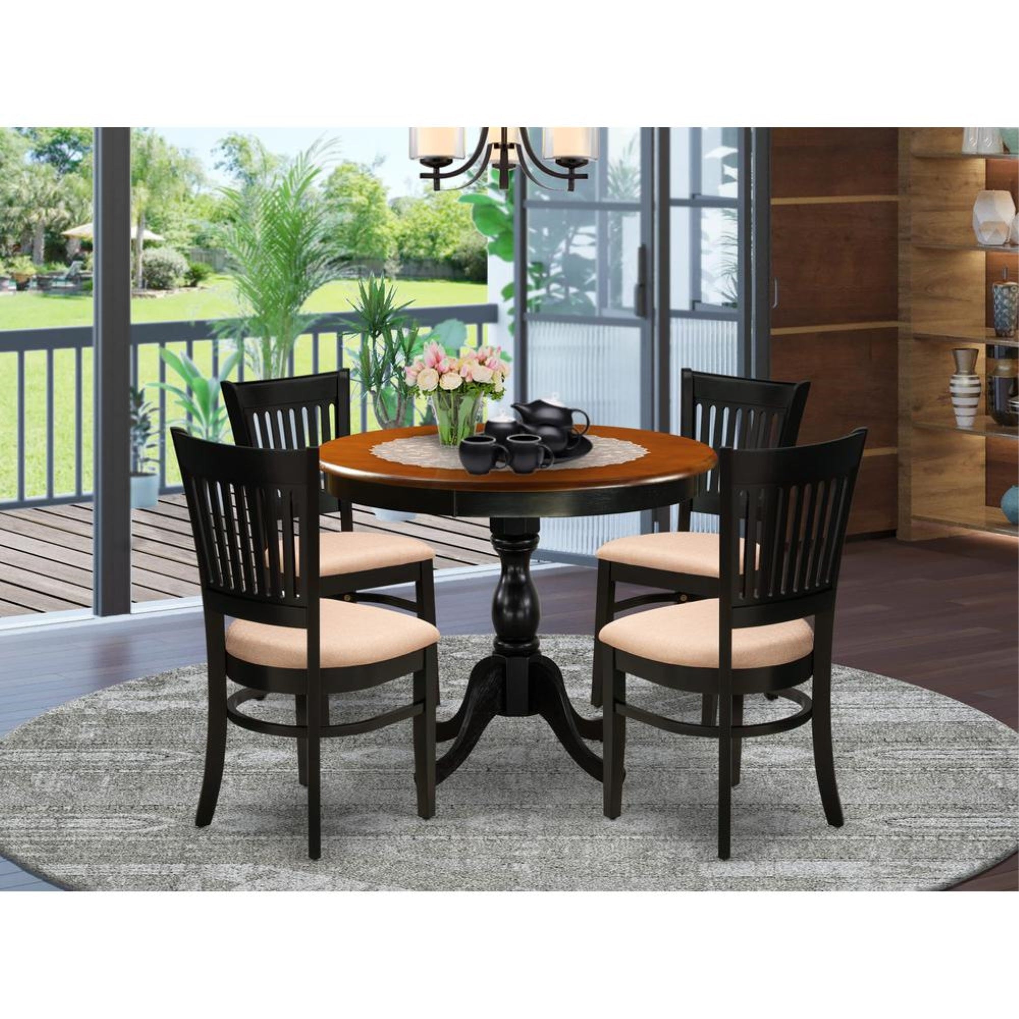 East West Furniture 5-Piece Modern Dining Table Set Consists of a Dinner Table and 4 Linen Fabric Kitchen Dining Chairs with Slatted Back - Black Finish