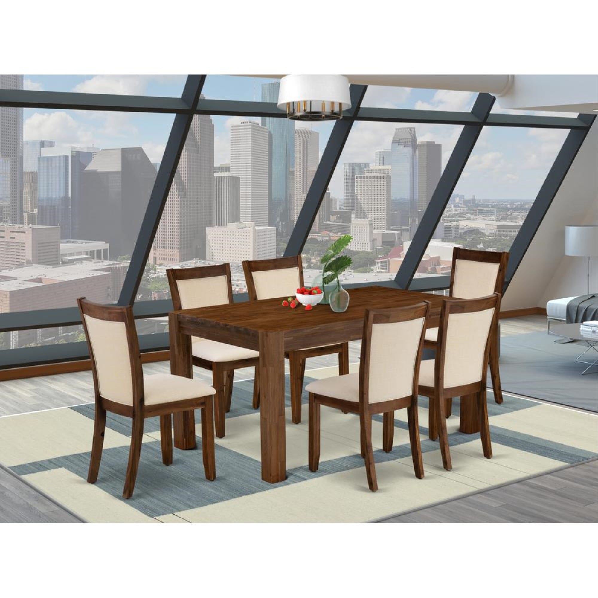 East West Furniture 7-Pcs Dining Set - A Wood Dining Table and 6 Light Beige Linen Fabric Mid Century Chairs with Stylish High Back - (Sand Blasting Antique Walnut Finish)