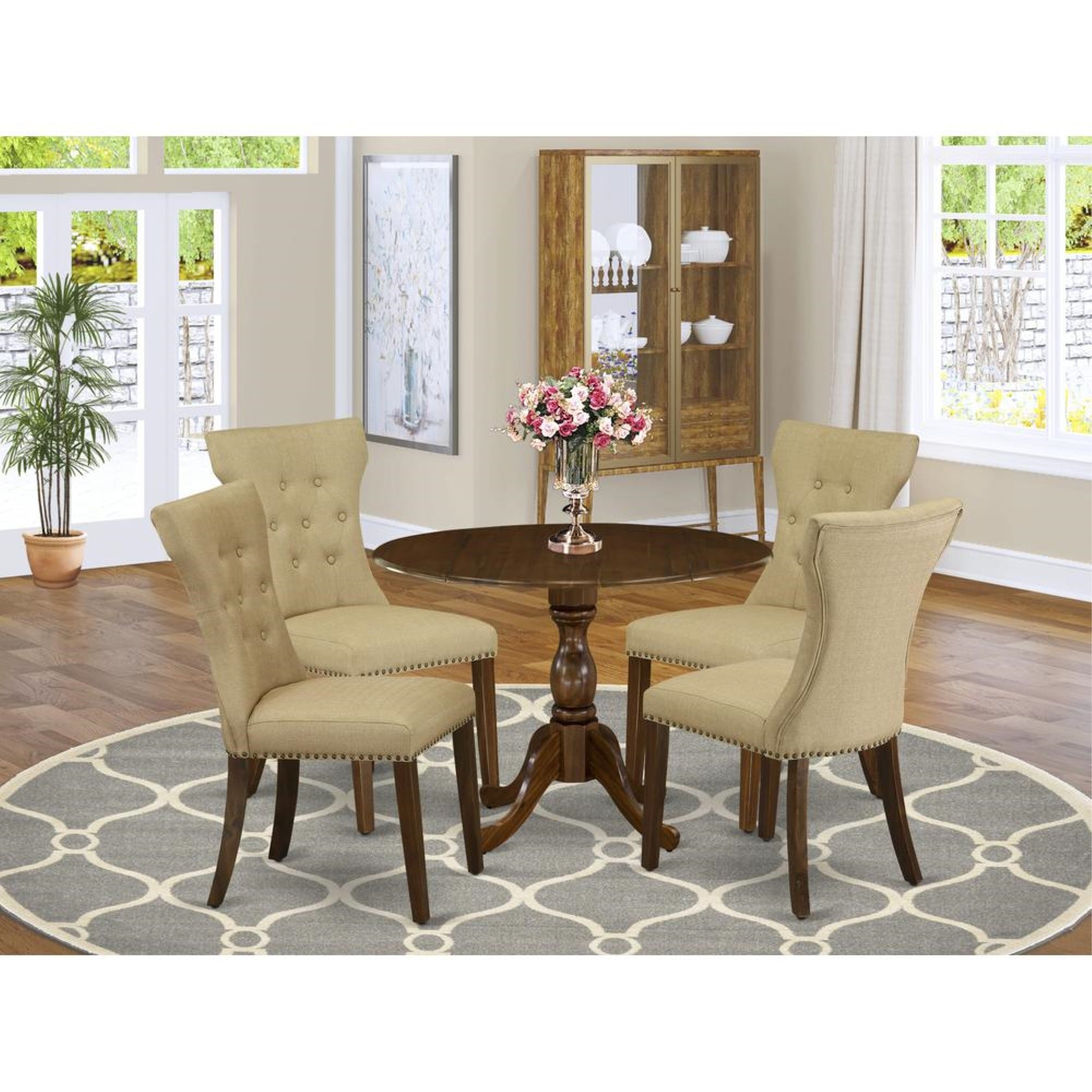 East West Furniture 5 Piece Wood Dining Table Set Contains 1 Drop Leaves Dining Table and 4 Brown Linen Fabric Kitchen Chair Button Tufted Back with Nail Heads - Acacia Walnut Finish