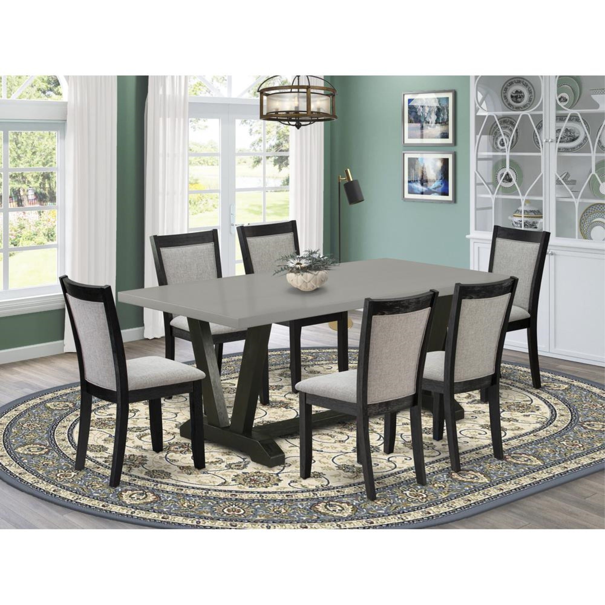 East West Furniture 7 Piece Mid Century Dining Set - Cement Top Modern Kitchen Table with Trestle Base and 6 Shitake Linen Fabric Upholstered Dining Chairs - Wire Brushed Black Finish