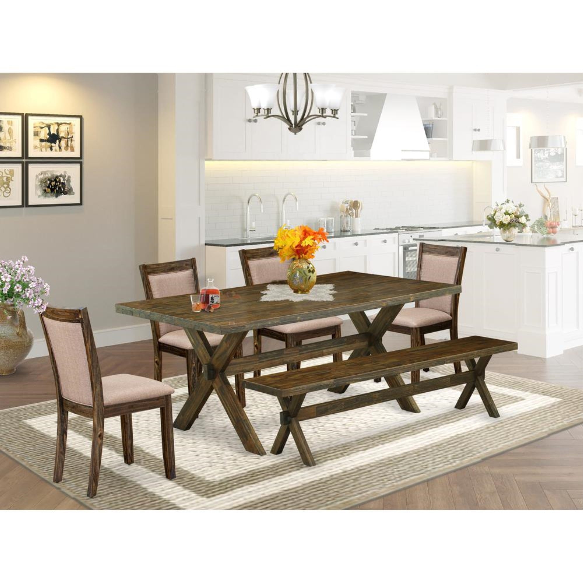 East West Furniture 6 Piece Dinette Set- A Distressed Jacobean Top Modern Dining Table in Trestle Base with Bench and 4 Dark Khaki Linen Fabric Dining Chairs - Distressed Jacobean Finish