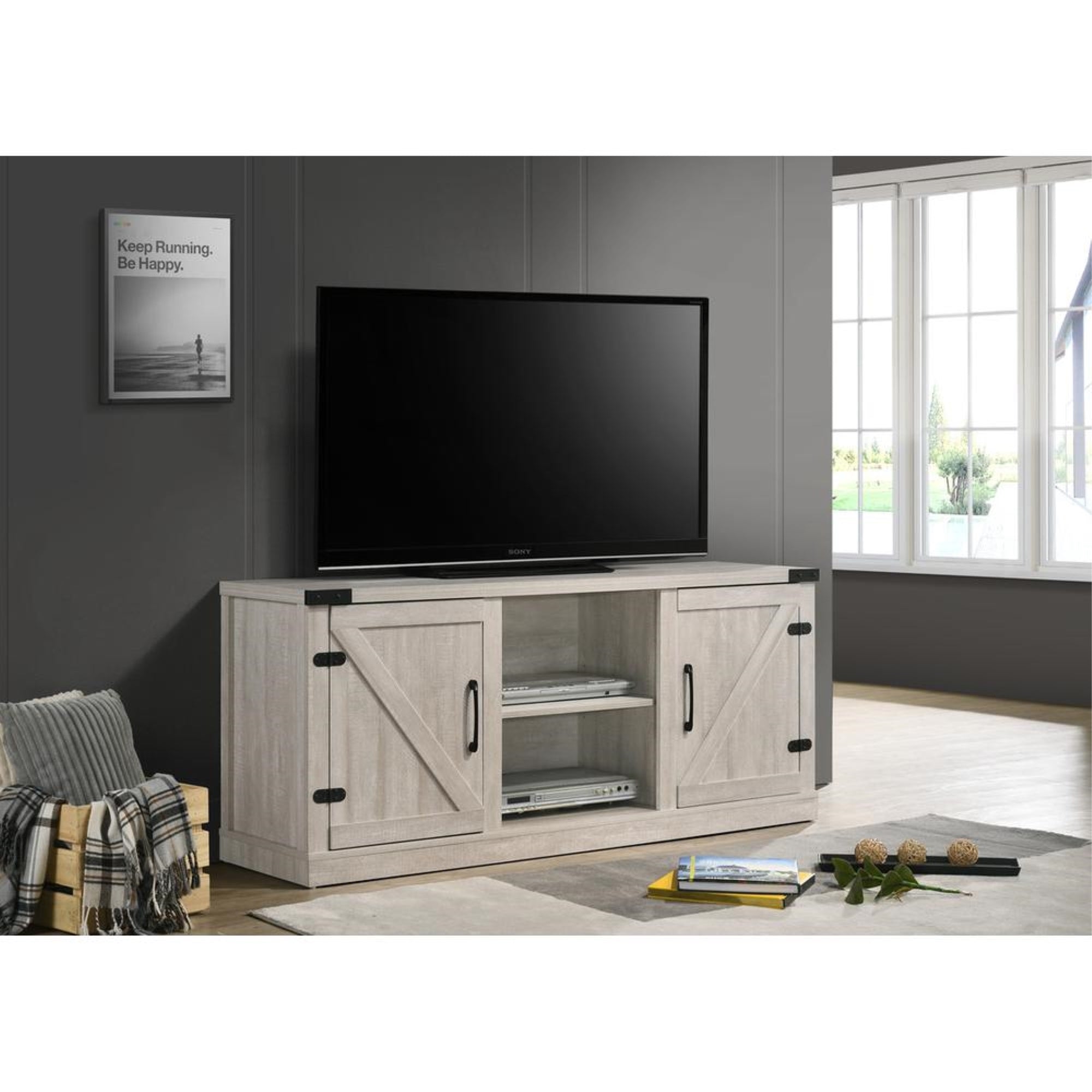 Salma Dusty Gray 58 Wide TV Stand with 2 Open Shelves and 2 Cabinets