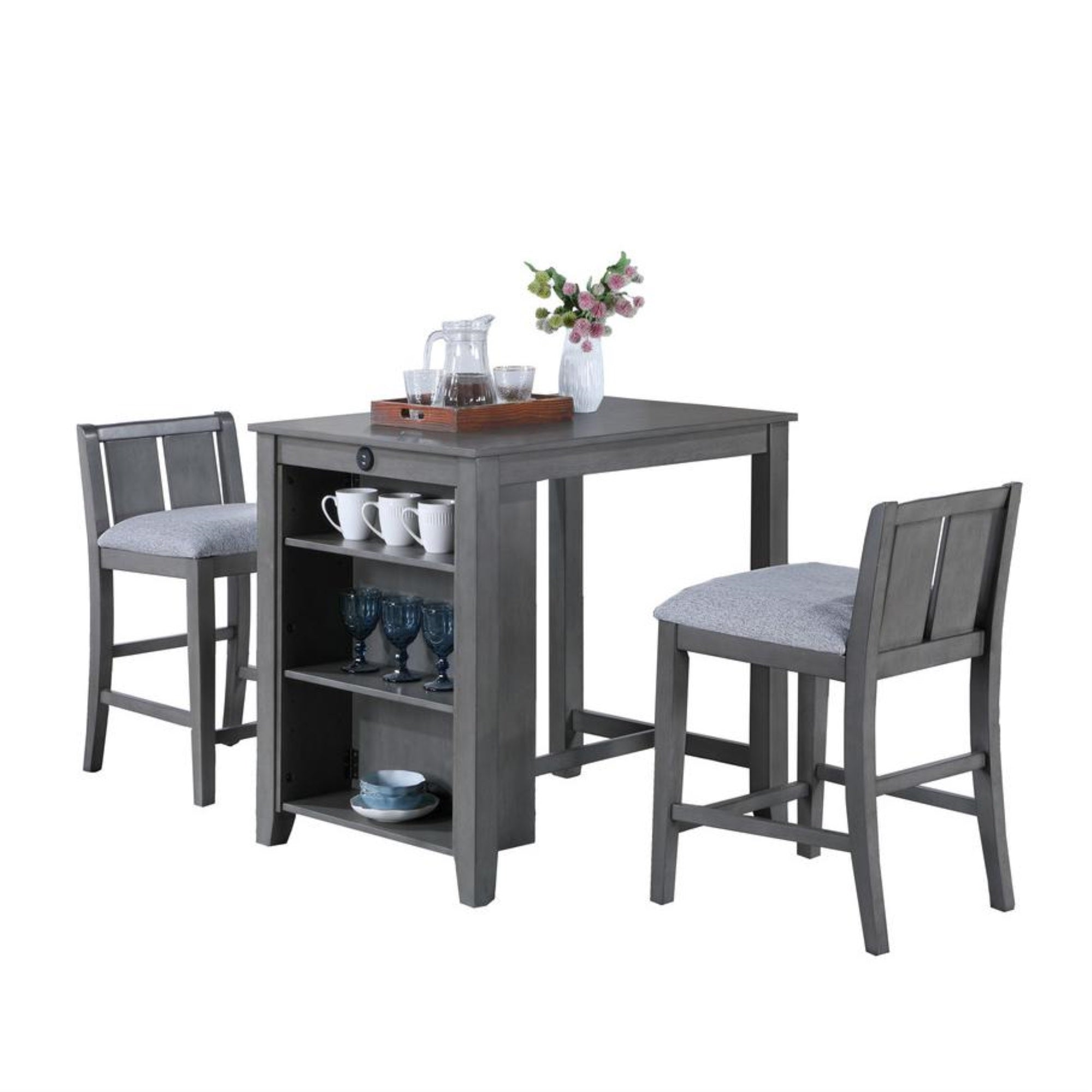 3-Piece Gray Finish Small Space Counter Height Dining Table with Shelves