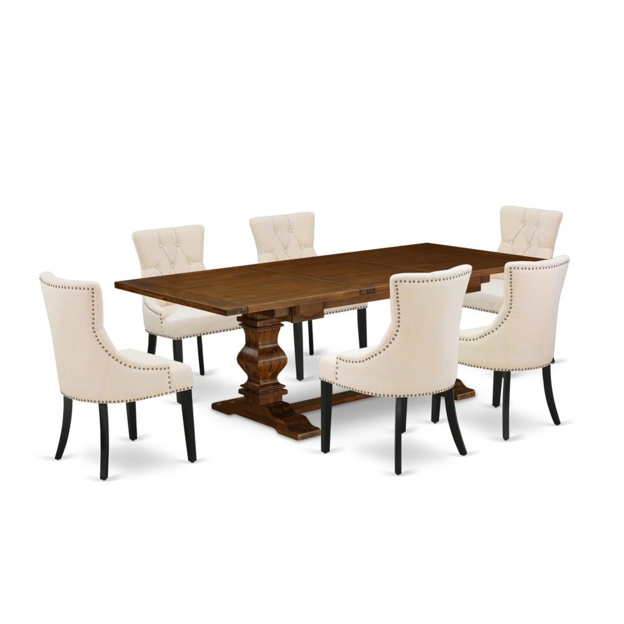 7-pc dining table set with Chairs Legs and Light Beige Linen Fabric