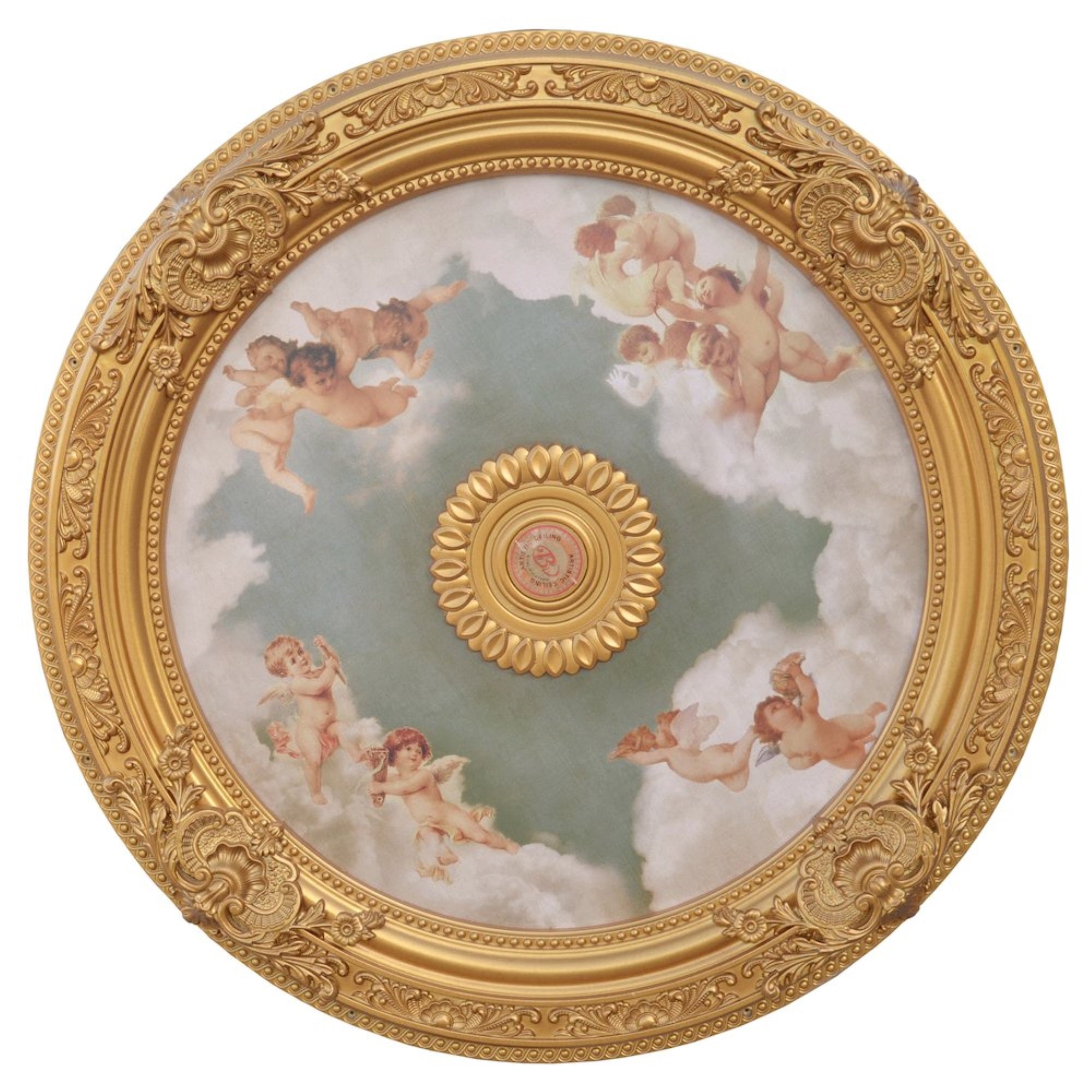 Antique Cherubs Sky Gold Trim Round Chandelier Ceiling Medallion