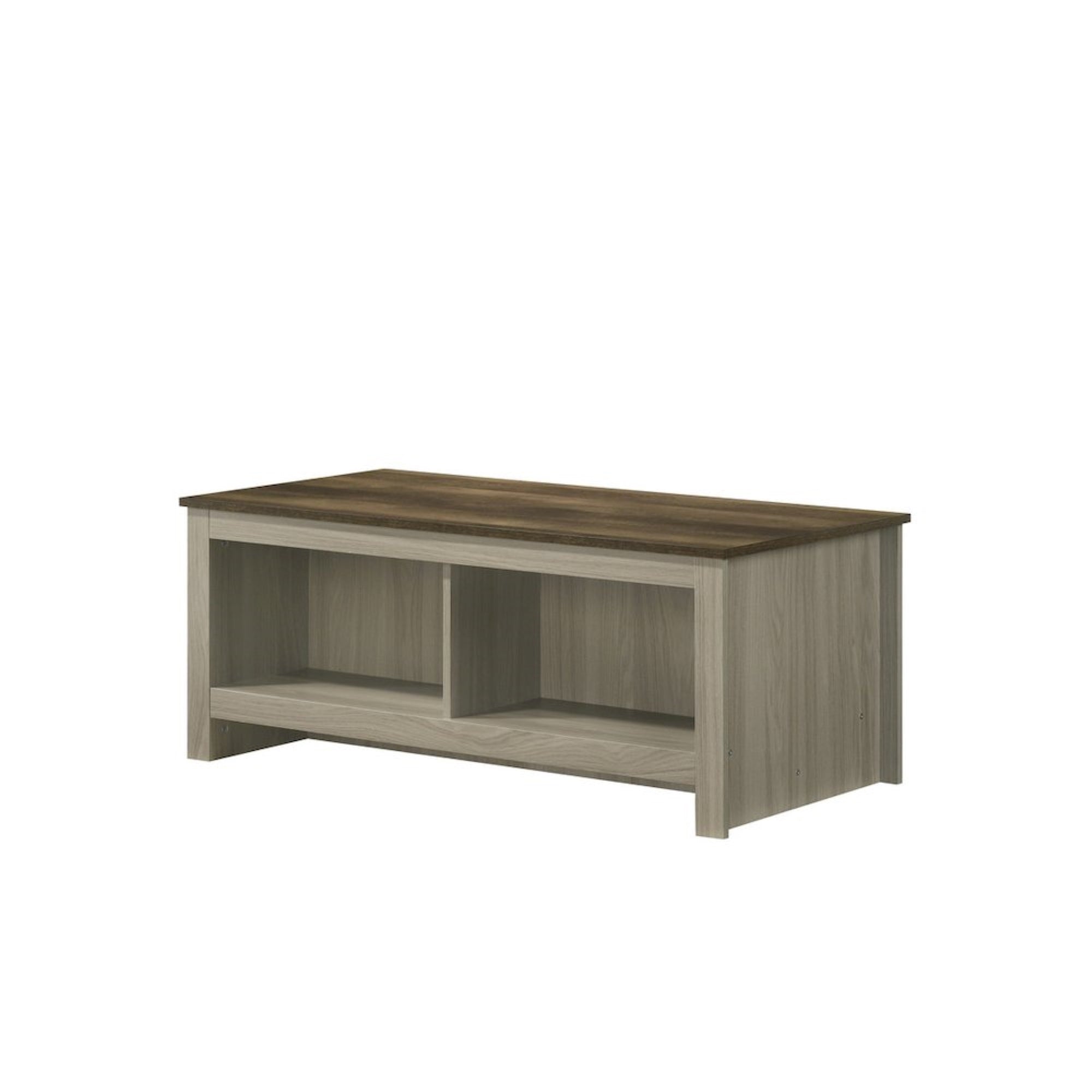 Nyla 43W Gray Oak Coffee Table with Open Shelves Front and Back