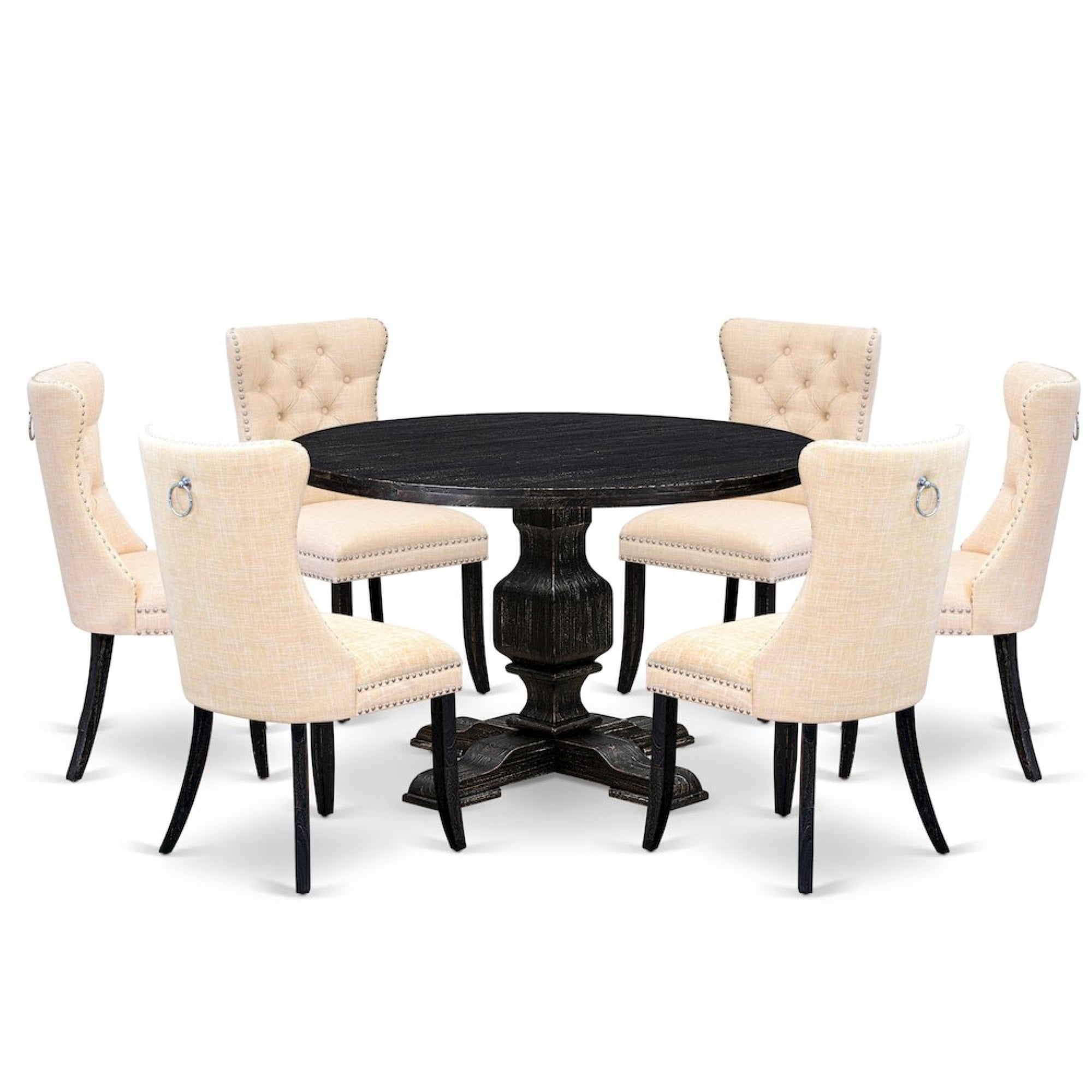 7-Piece Kitchen Set Of A Wood Table, 6 Light Beige Linen Fabric Dinner Chairs