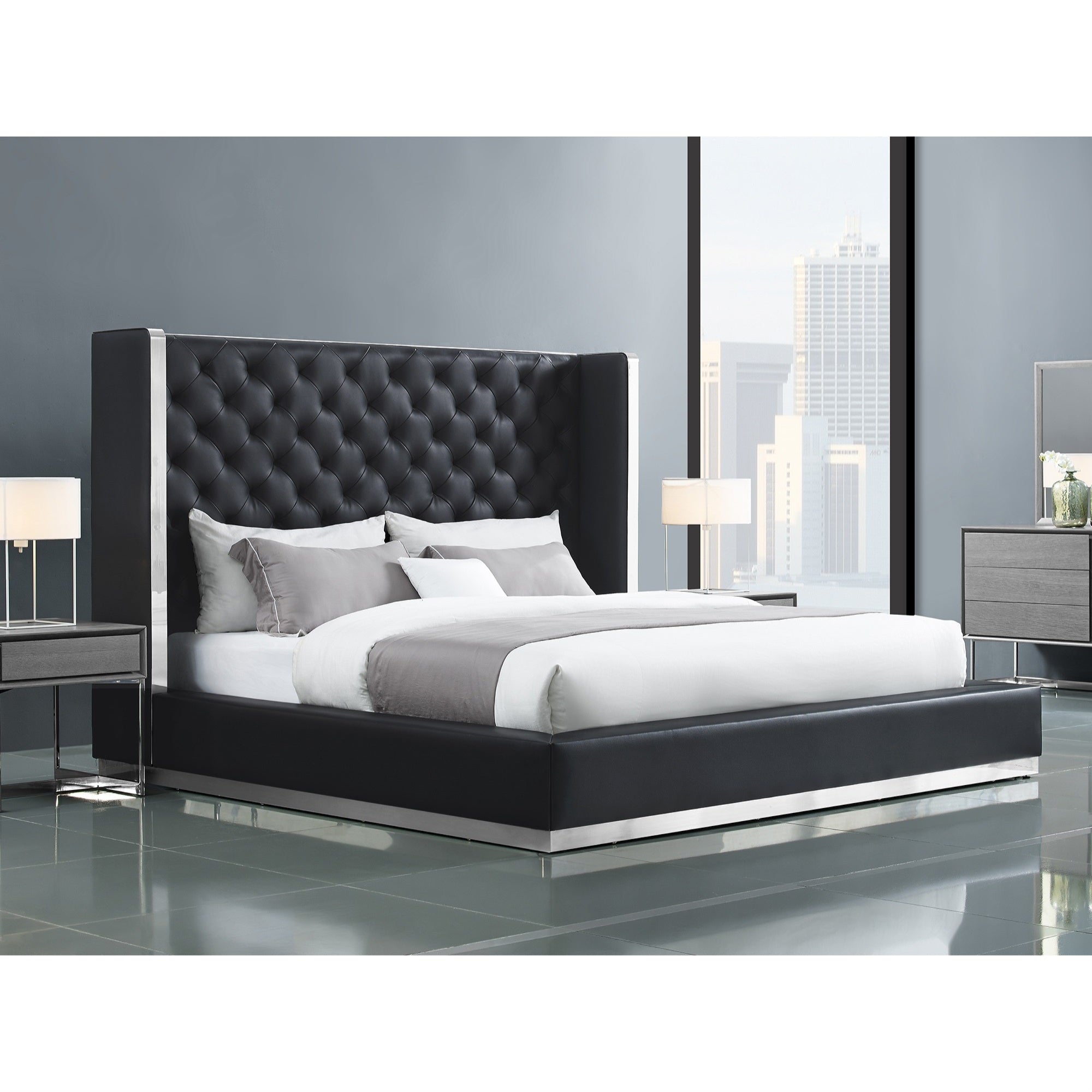 Abrazo Bed King, Black  Faux Leather, tufted headboard, stainless steel trim along headboard foo...