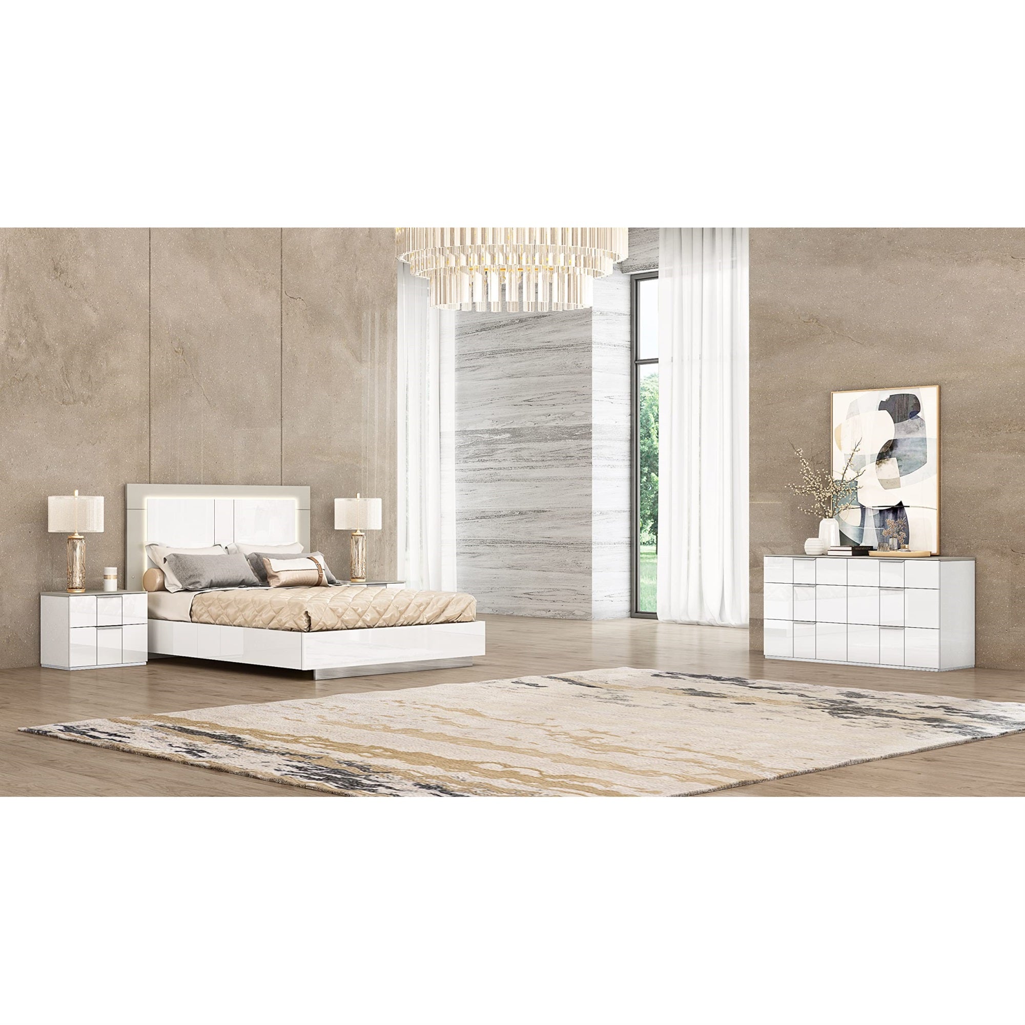 Daisy Bed King, High gloss white, Upholstered panels in headboard in White,  Stainless steel legs.