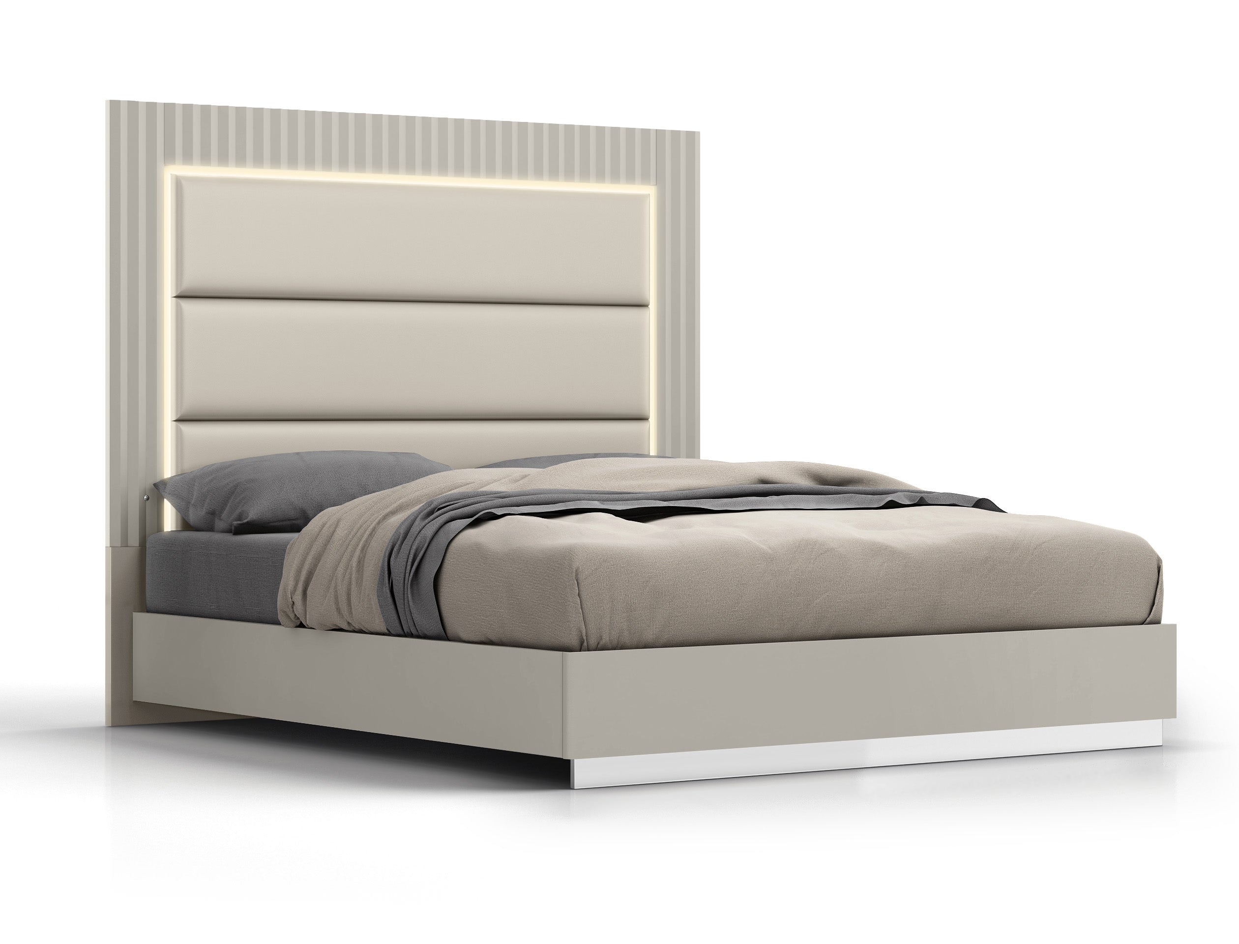 Chloe Bed King, High Gloss Grey Frame, Upholstered Faux Leather Panel with LED Light in Headboard, Polished Stainless Steel Base