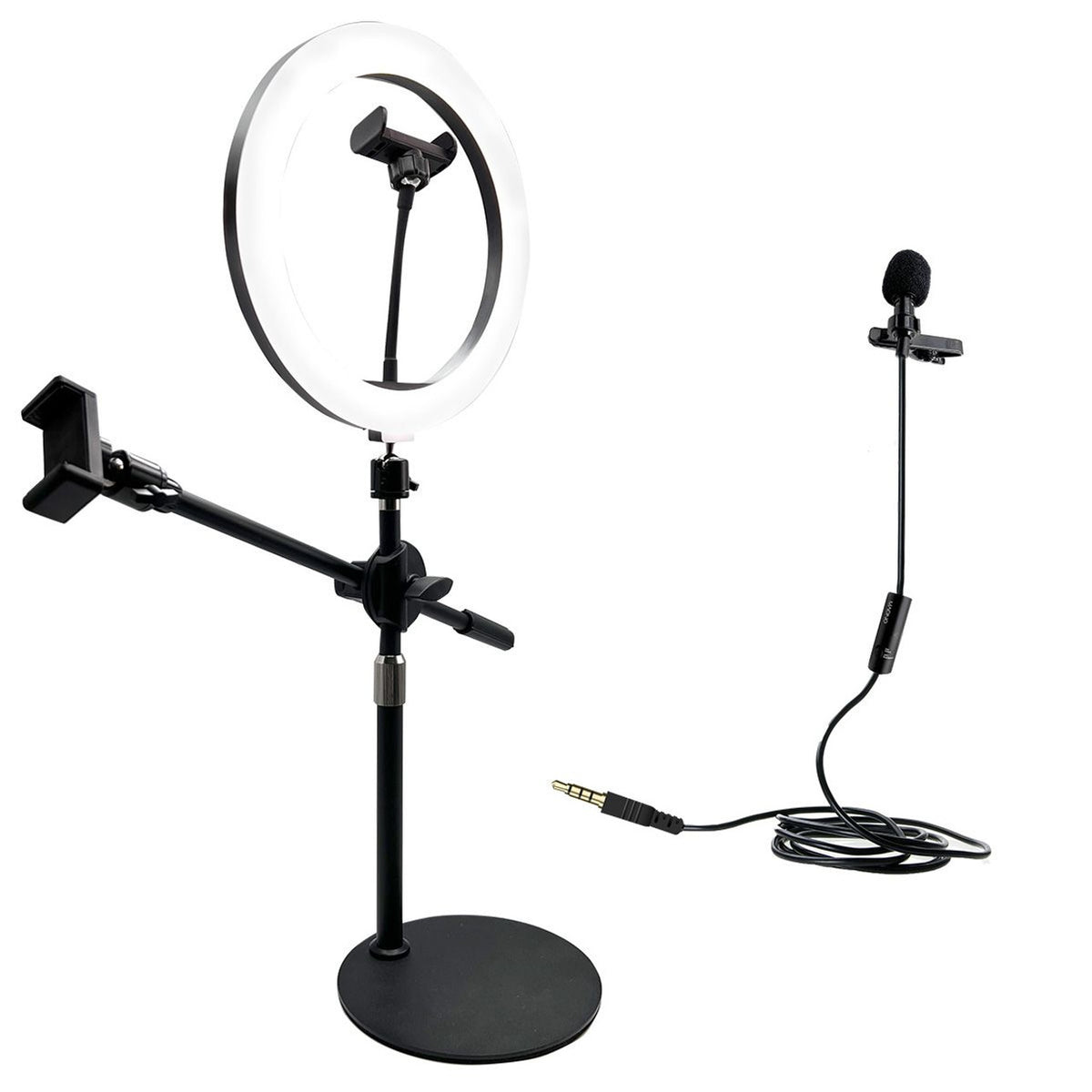 Hamiltonbuhl Content Creators Set - Ring Light With Dual Smartphone Holders And Lavalier Microphone