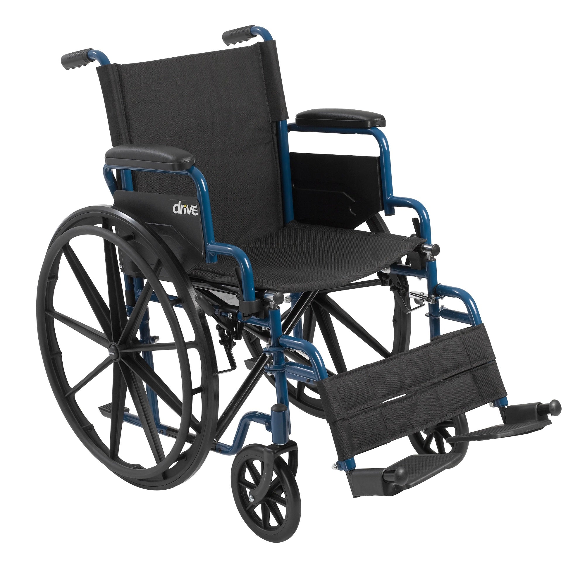 Blue Streak Wheelchair with Flip Back Desk Arms, Swing Away Footrests, 20″ Seat