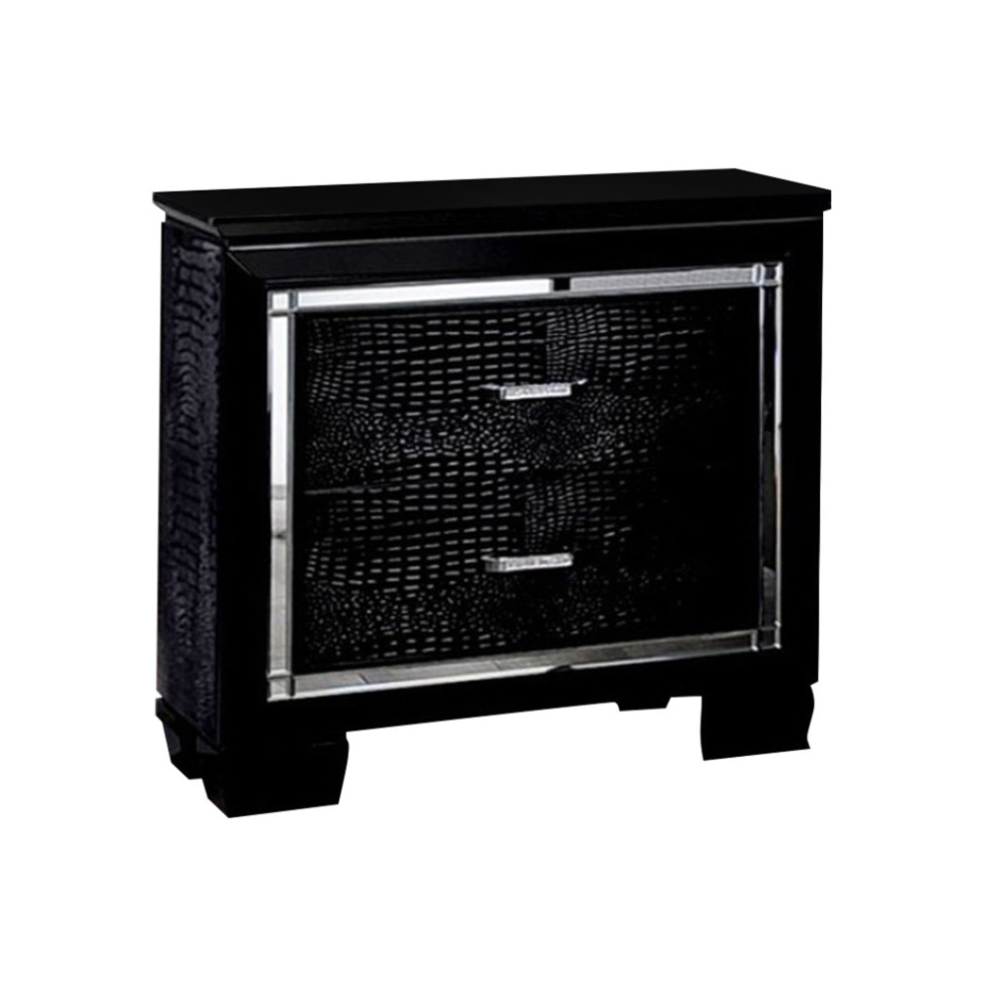 2 Drawers Wooden Nightstand with Textured Detail and Mirror Trim, Black