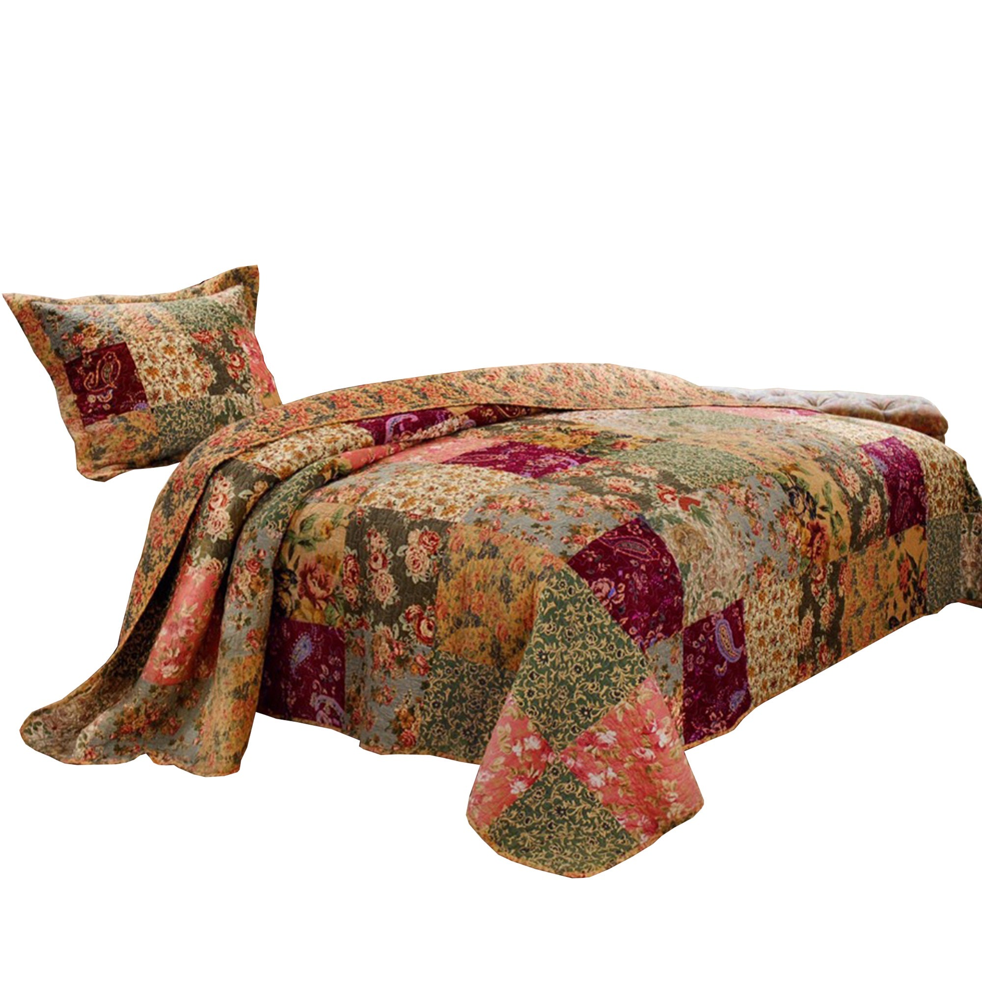 Kamet 2 Piece Fabric Twin Size Bedspread Set With Floral Prints, Multicolor