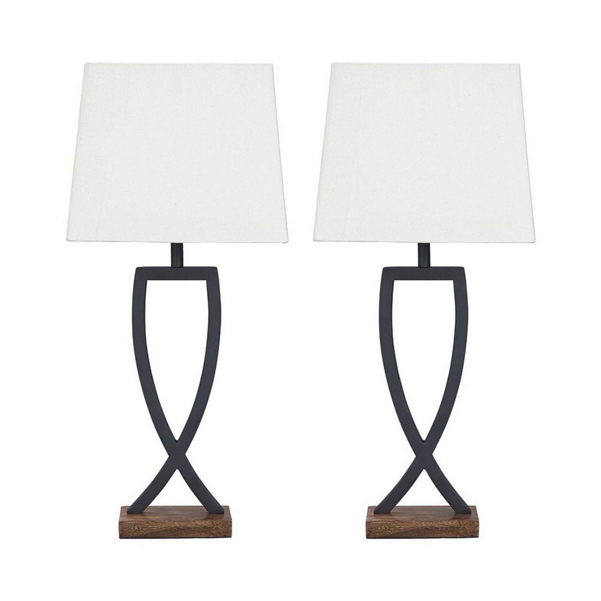 Criss Cross Metal Table Lamp With Fabric Shade, Set Of 2, Gray And White