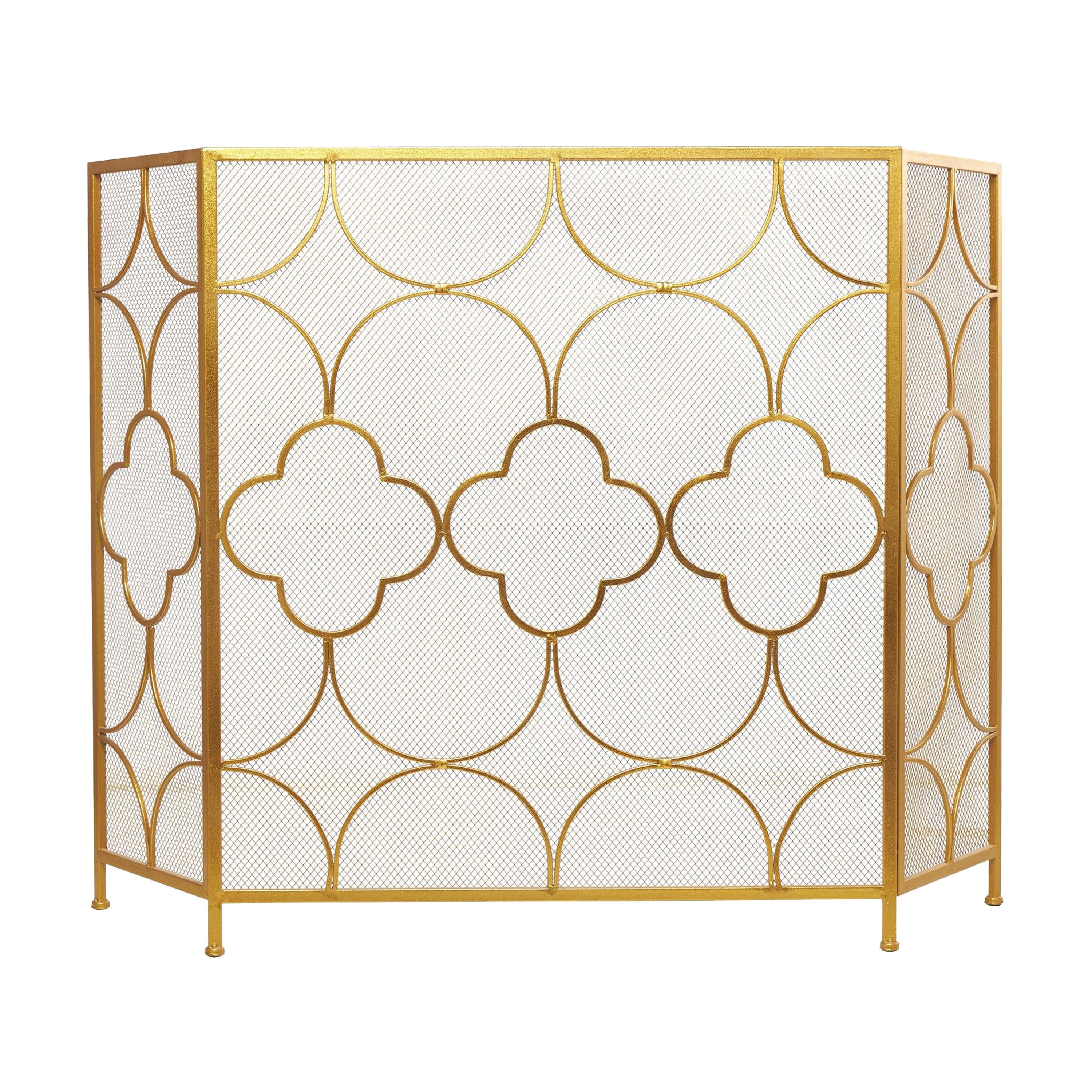 50 Inch 3 Panel Metal Fireplace Screen, Quatrefoil Design, Bronze