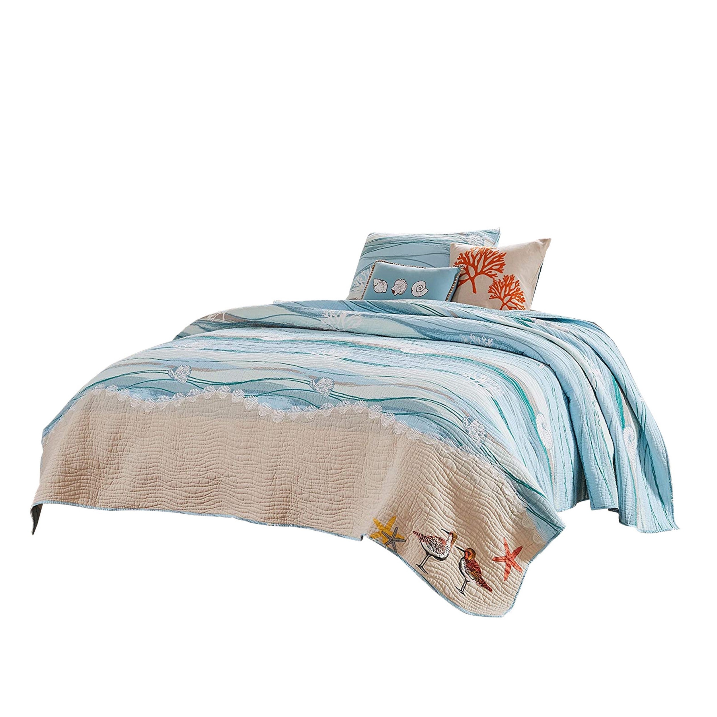 Maritsa Four Piece Twin Size Fabric Quilt Set with Coastal Prints, Blue