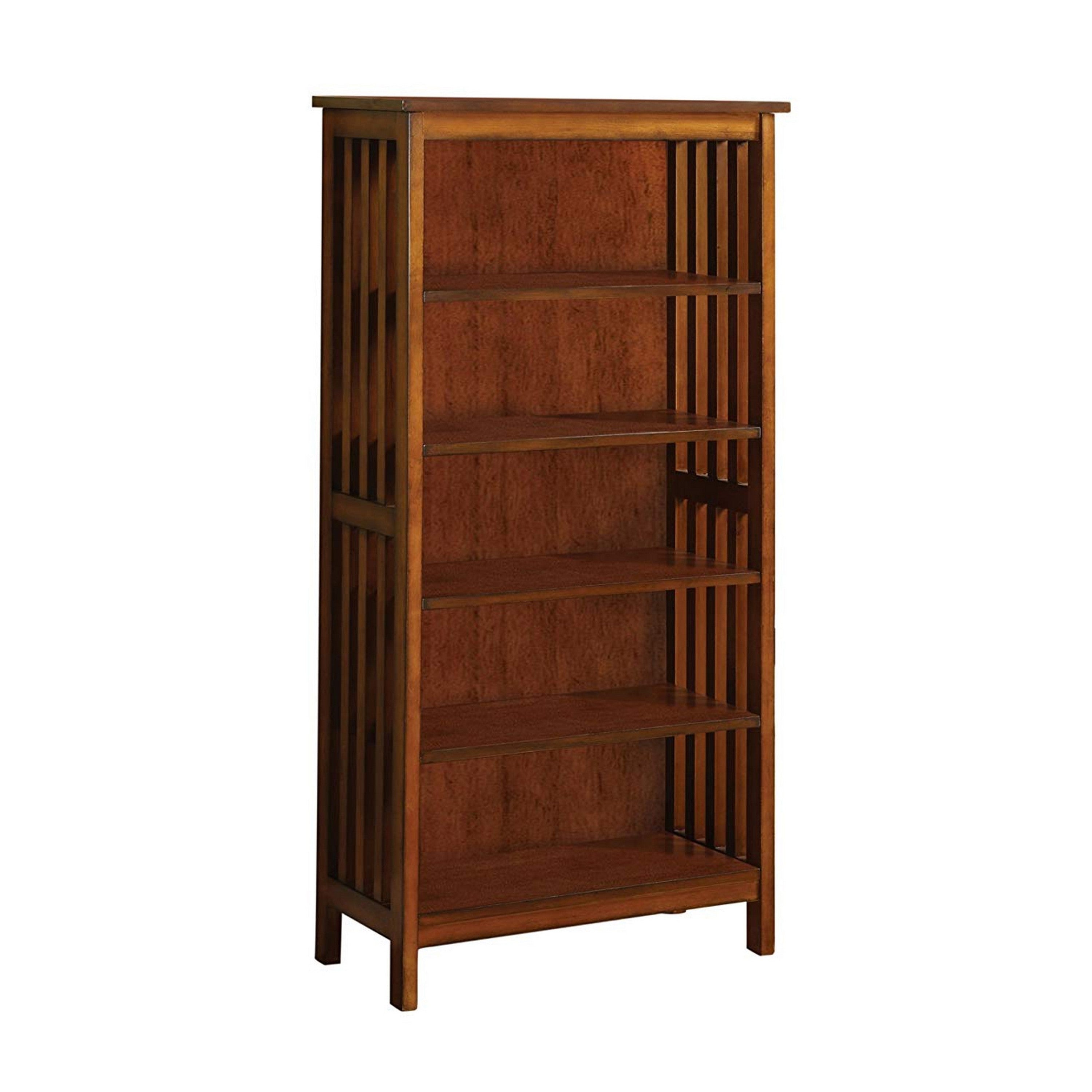5 Tier Wooden Media Shelf with Slatted Side Panels, Oak Brown