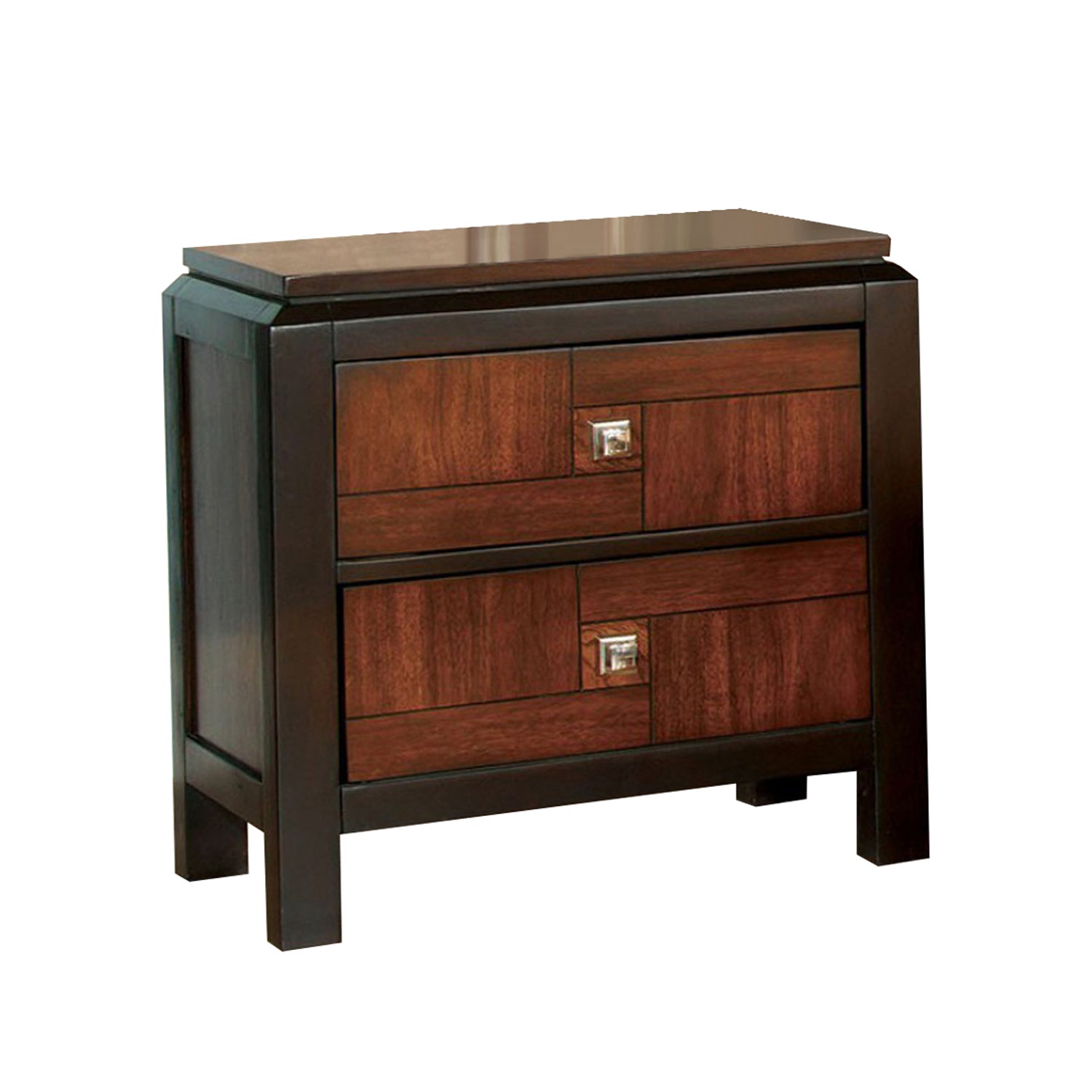 28 Inch Handcrafted Bedside Nightstand, 2 Drawers, Sleek Wood Pattern, Square Knobs, Walnut Brown