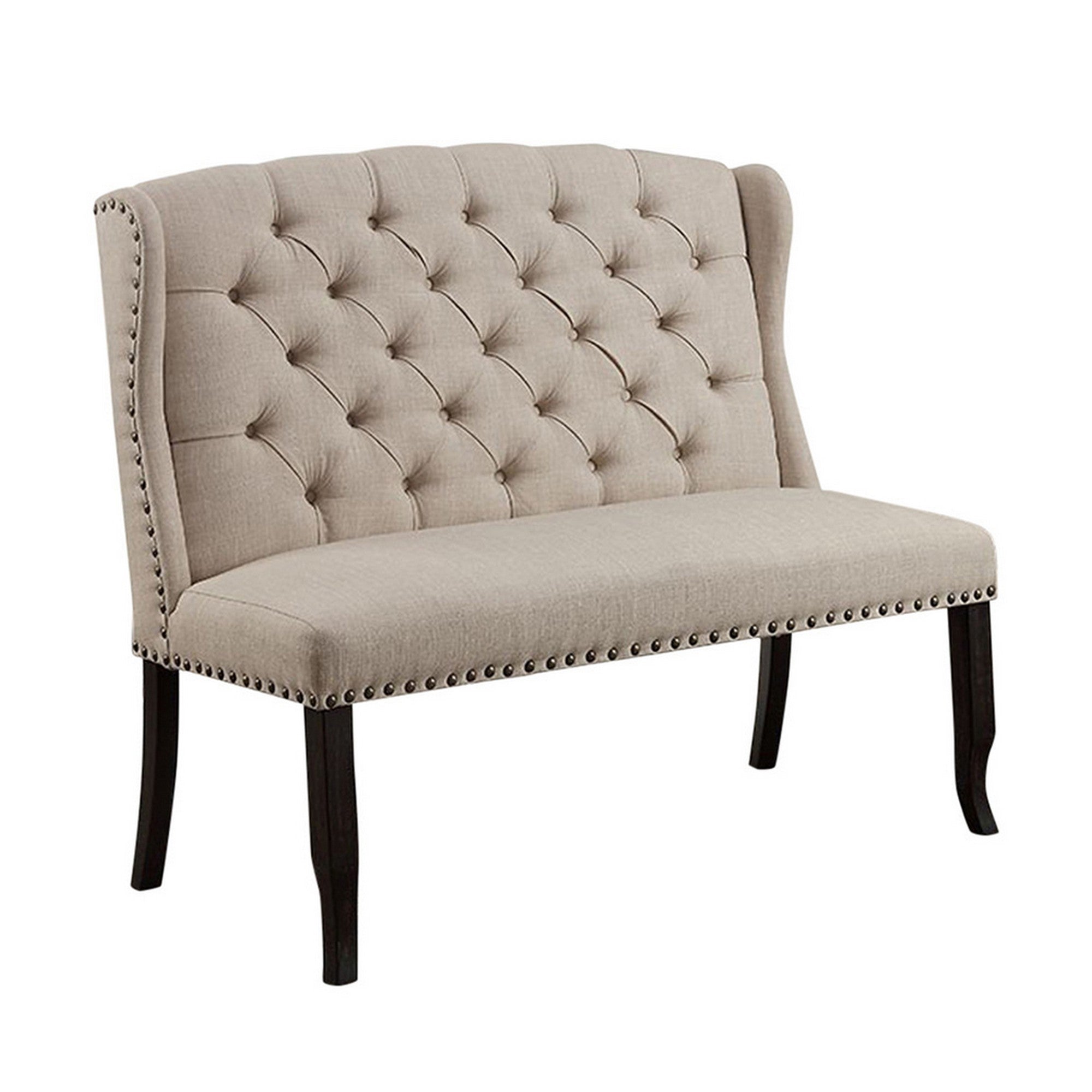 Nailhead Trim Fabric Upholstered Wing Back Wooden Bench, Beige and Black