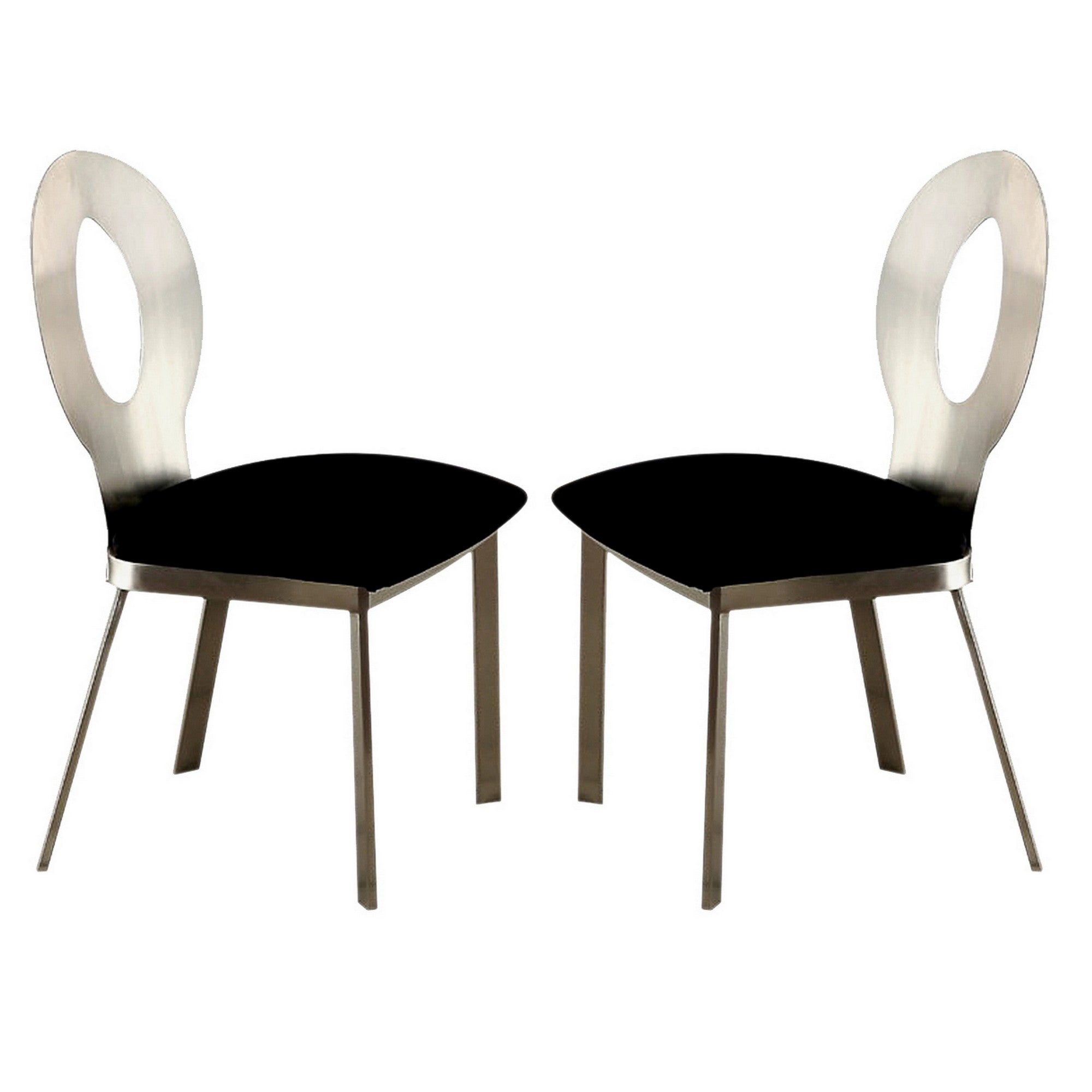 Metal Side Chair with Oval Cut Backrest, Set of 2, Silver and Black