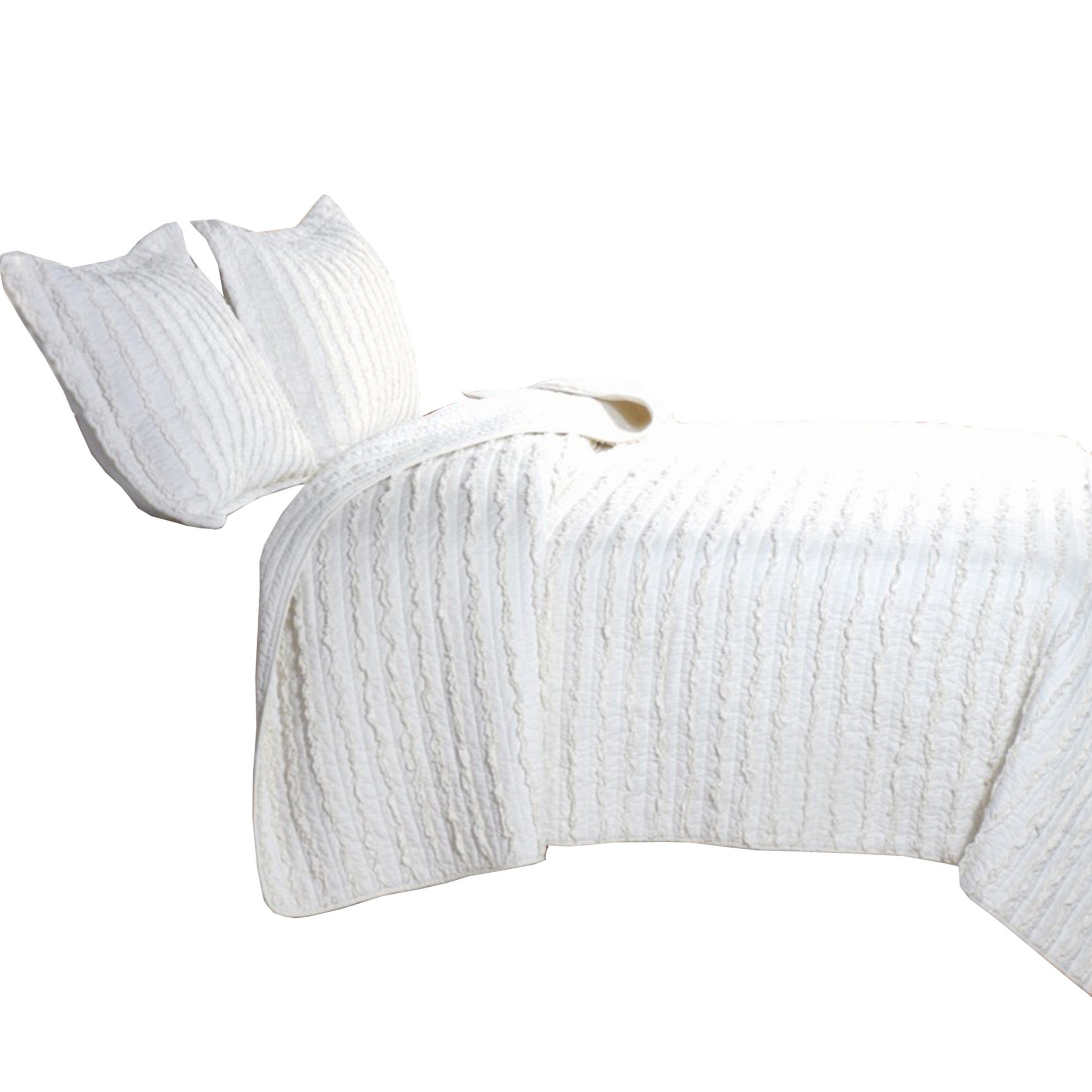 Yukon Fabric 3 Piece King Size Quilt Set with Ruffle Striped Pattern, White
