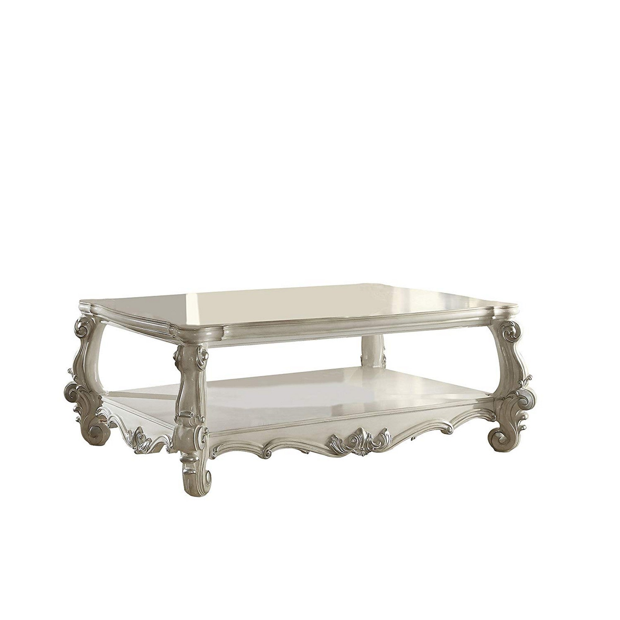 Traditional Style Wooden Coffee Table with Scrolled Legs, Bone White