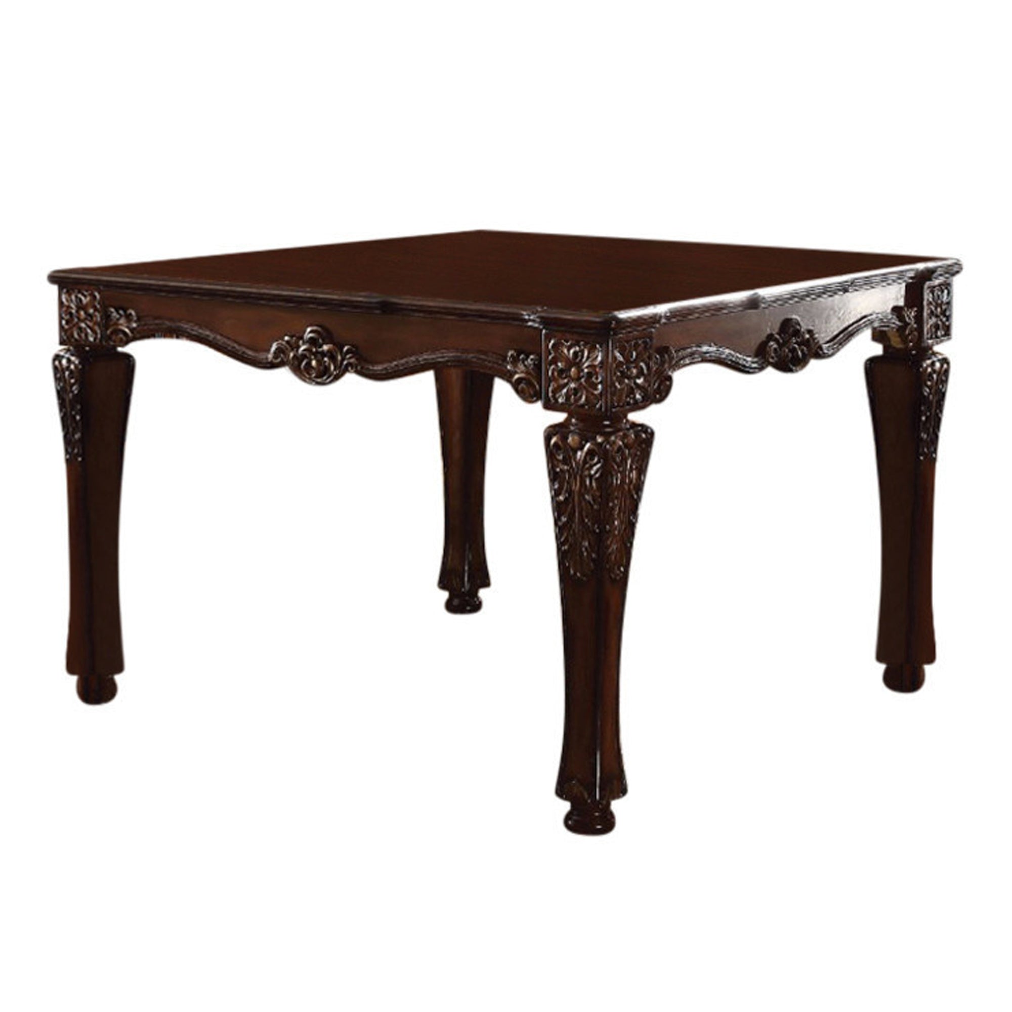 Wooden Counter Height Square Table with Carved Details, Brown