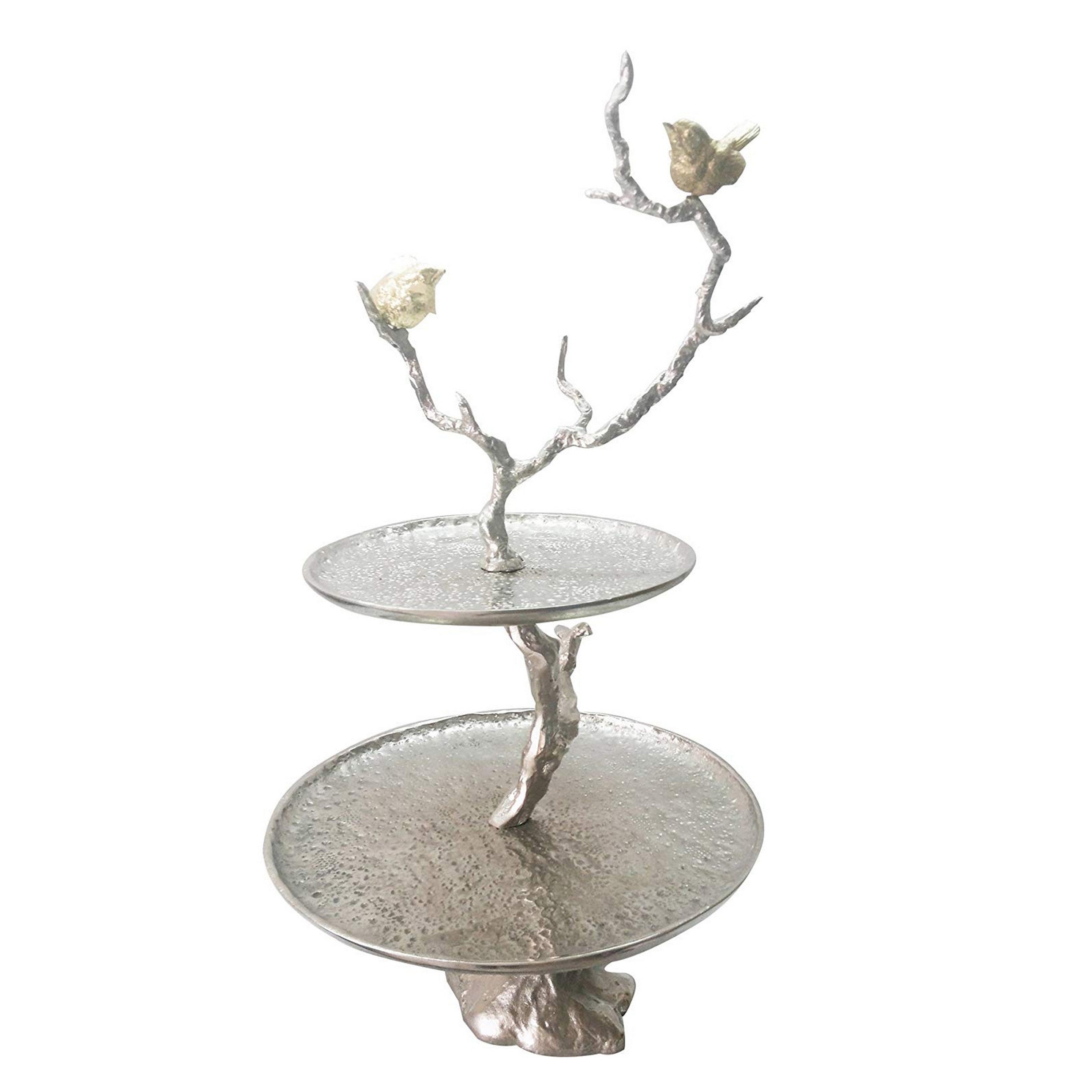 Impressively Designed Iron Branch 2 Tiered Tray, Silver