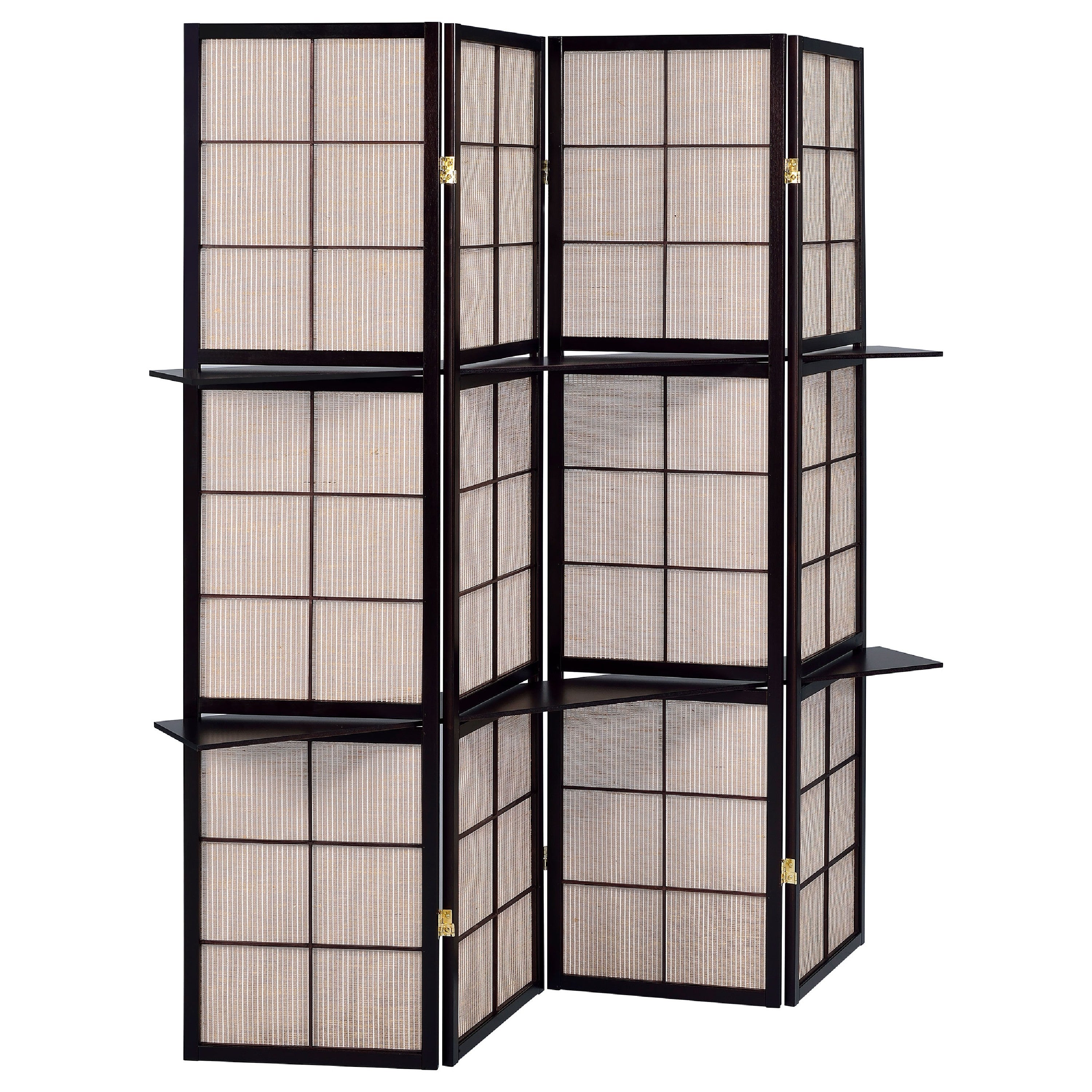 Stylish Four Panel Folding Screen With Shelves, Brown