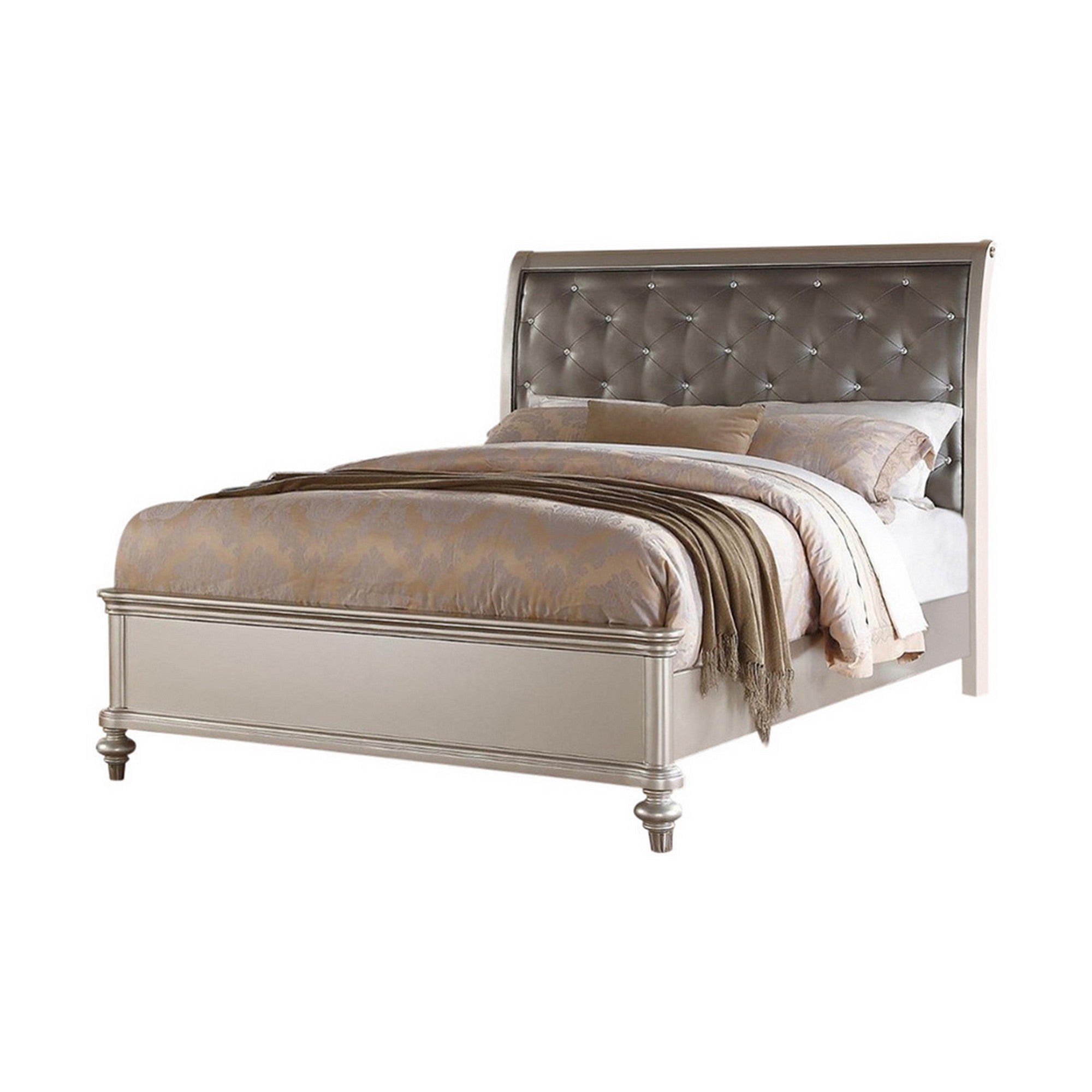 Opulent Wooden E.King Bed With Silver PU Tufted HB, Shinny Silver Finish