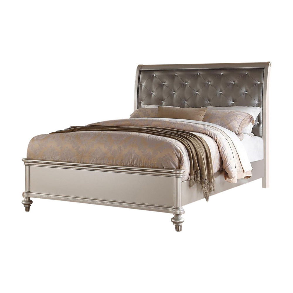 Opulent Wooden Queen Bed With Silver PU Tufted HB, Shinny Silver Finish