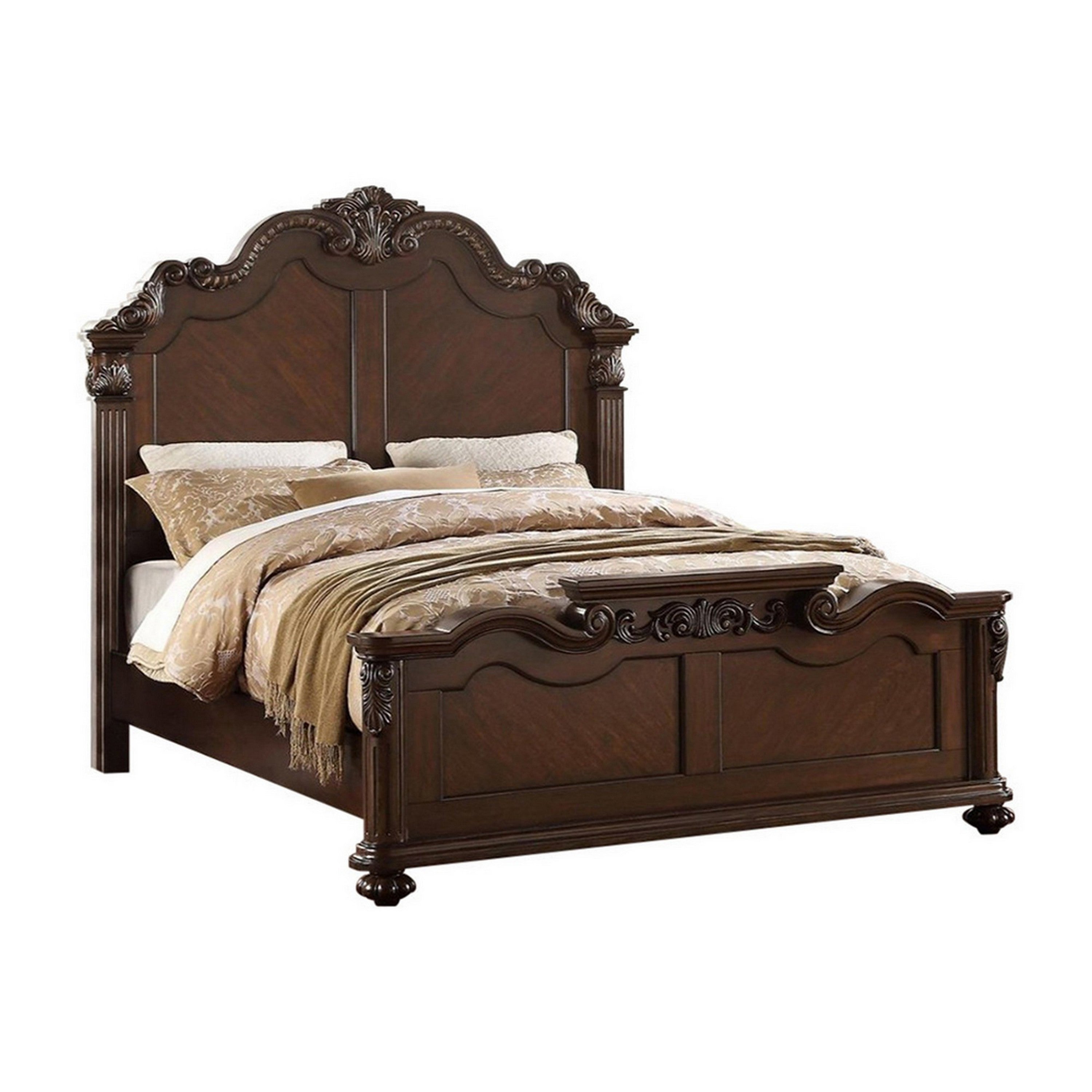 Splendidly Carved E.King Wooden Bed, Dark Walnut And Veneer Finish