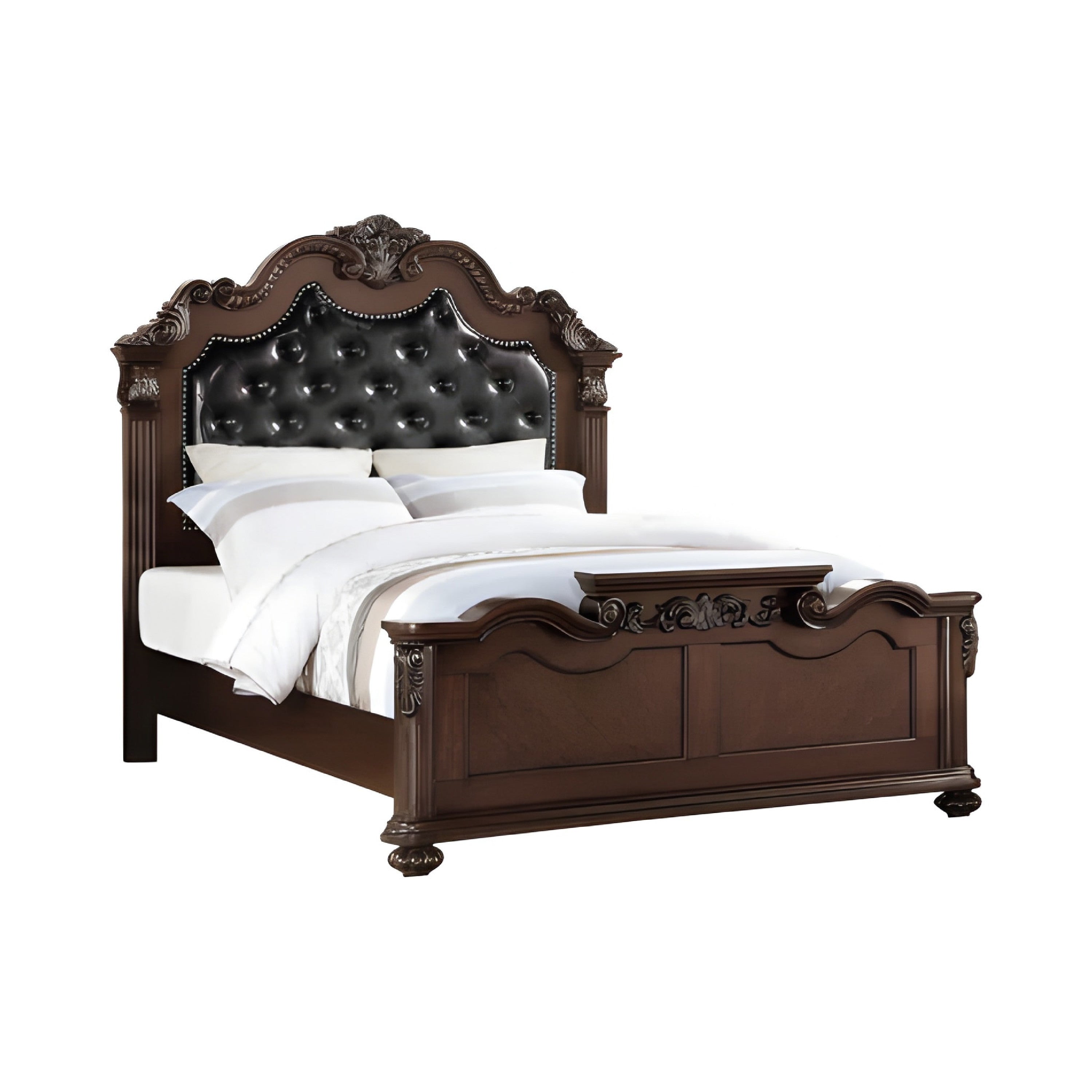 Ornated Carved & Upholstered Black PU Tufted Wooden E.King Bed Dark Walnut